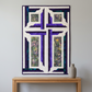 The Wondrous Cross handmade wall quilt displayed on a light-grey wall above an oak console with a neutral ceramic vase.