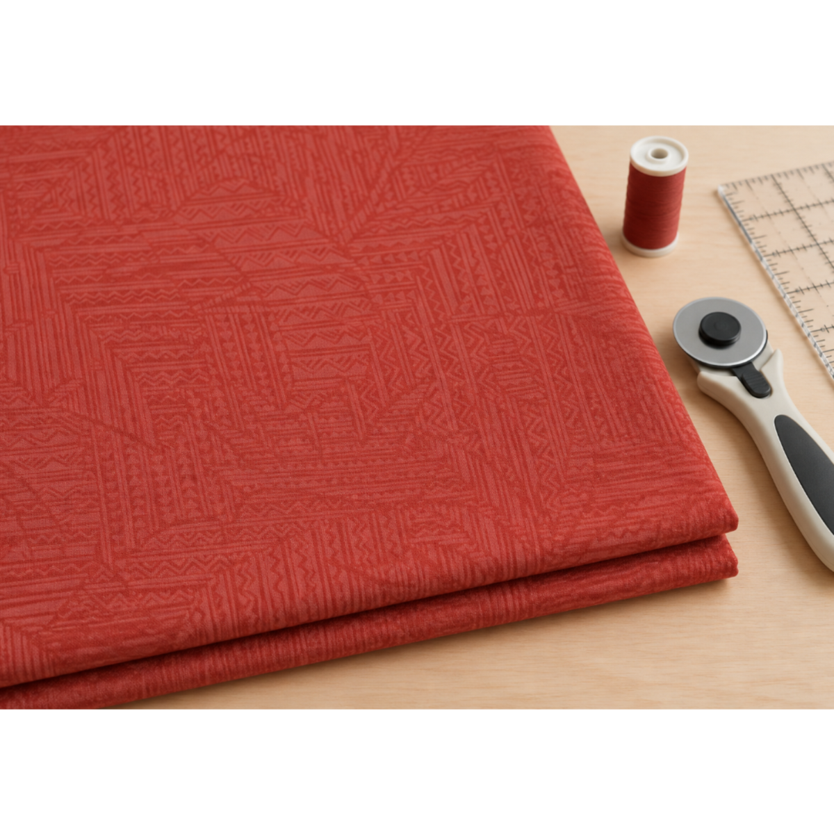 Folded Breezeway Medium Red Palm Patterns fabric on a sewing table beside a rotary cutter, quilting ruler, and red thread.