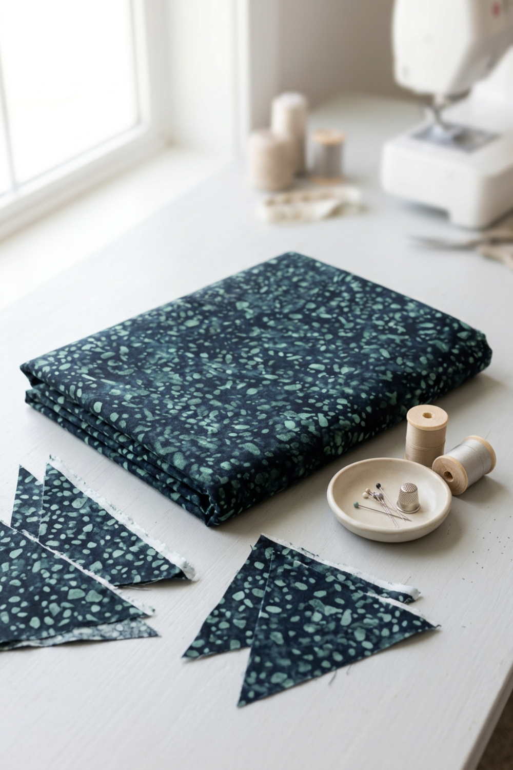 Folded Terrazzo Smoky Teal batik fabric by Riley Blake Designs on a sunlit sewing table with matching triangular fabric pieces, thread spools, pins, and a thimble.