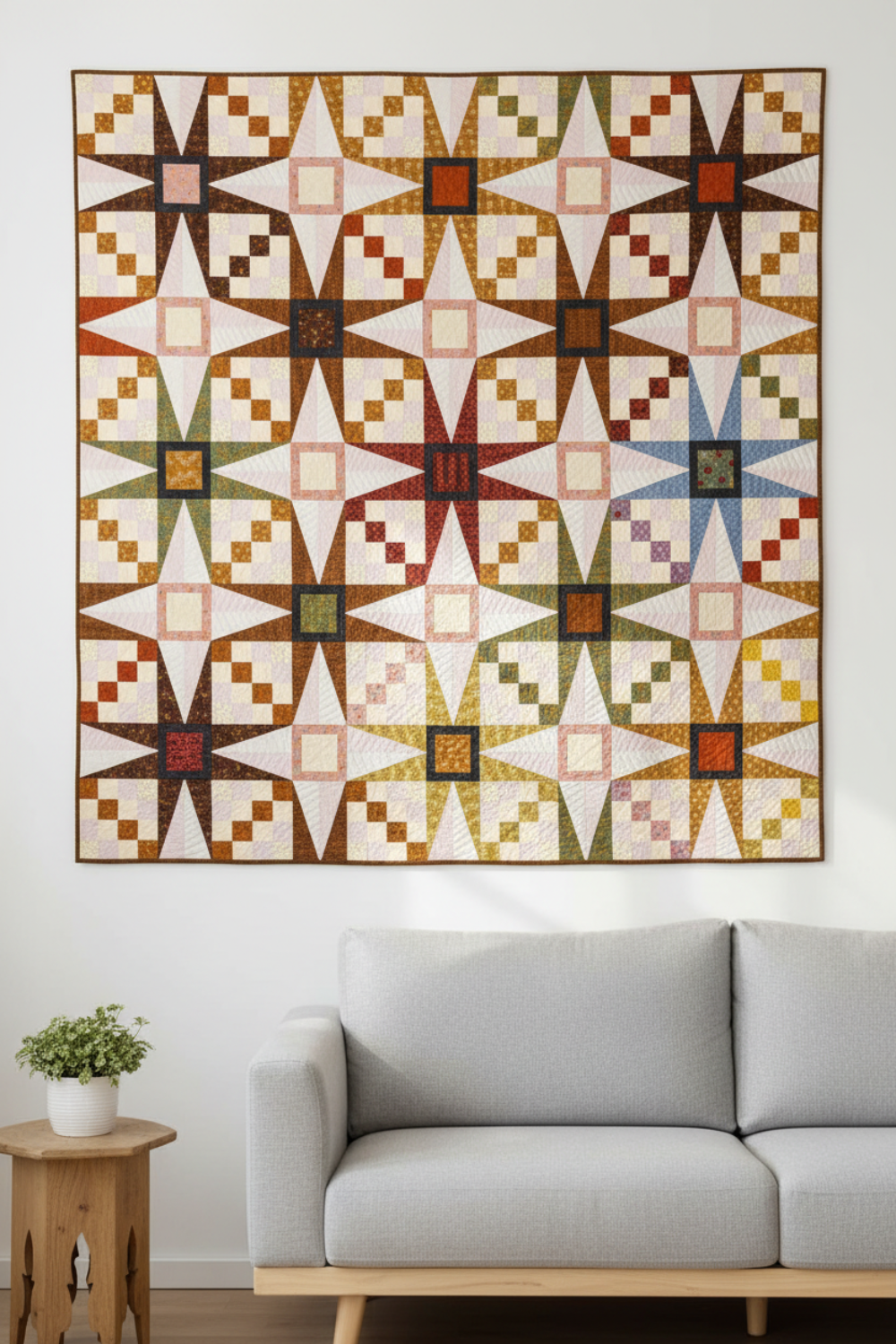 Solarium quilt by Sew Kind of Wonderful featuring Interwoven Brown Fabric by Jason Yenter for In The Beginning Fabrics – curved QSR starburst blocks in deep brown crosshatch with cream and warm autumn accents. Shop Interwoven Brown and Solarium Pattern at IraRobi Quilts | #solarium #sewkindofwonderful #brownfabric #interwoven #autumnquilt #quiltingfabric #QSRpattern