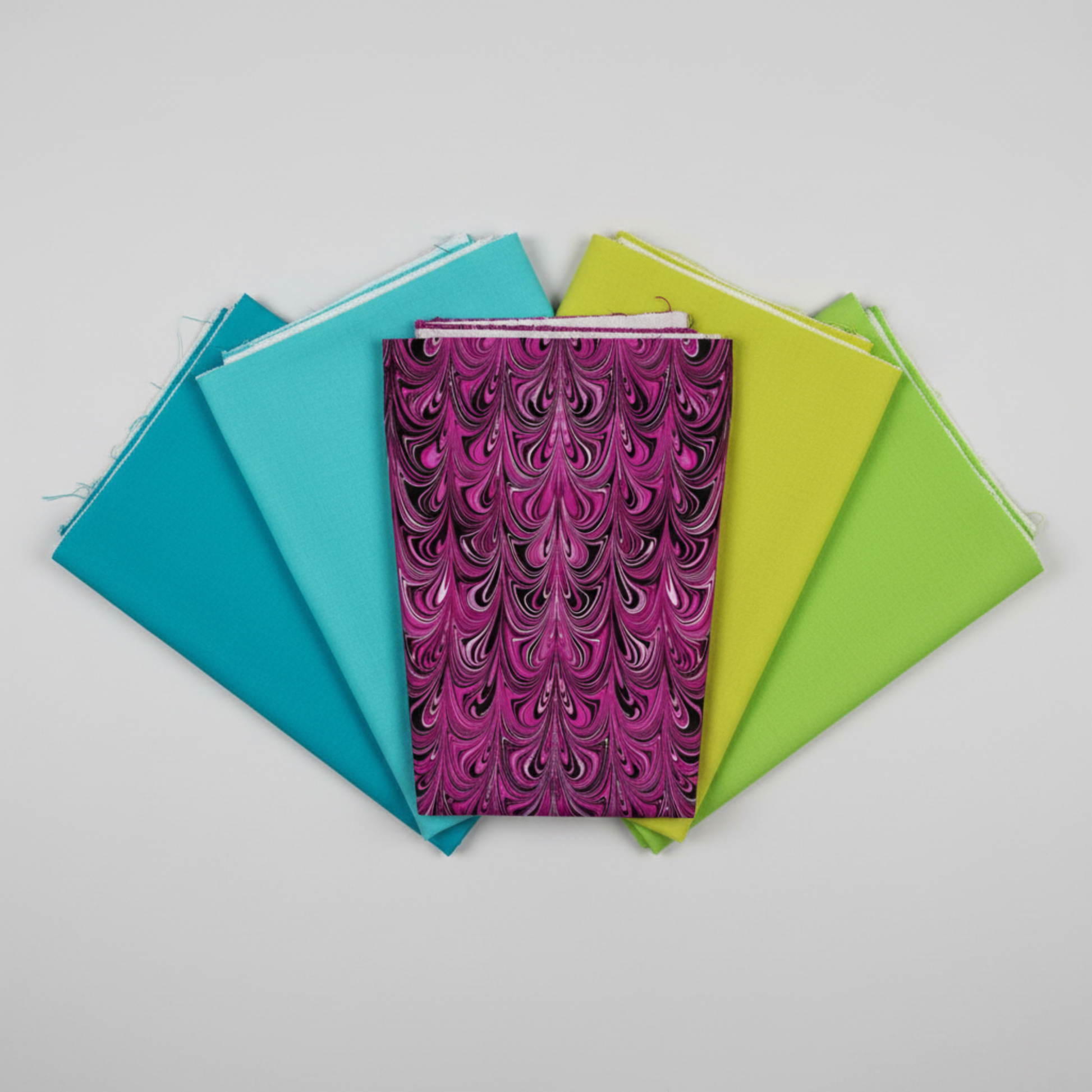 Needle Stars Chandelier Fuchsia fabric fanned with Interwoven Teal and Citron quilting cottons — split-complementary color palette by Paula Nadelstern for Benartex