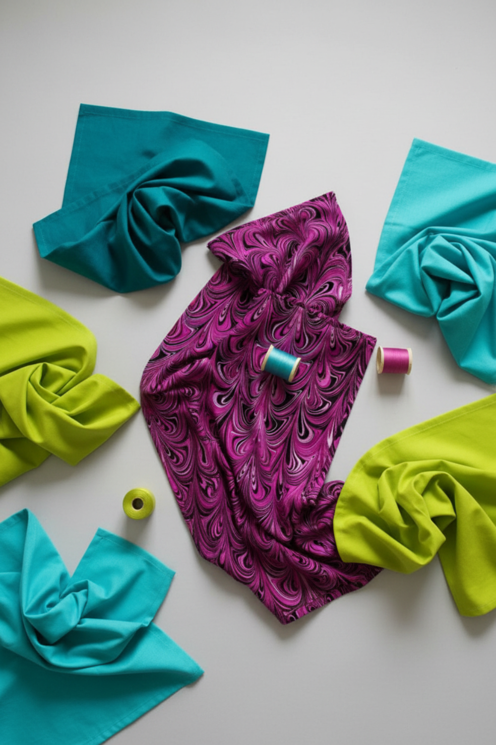 Needle Stars Chandelier Fuchsia fabric styled with Interwoven Teal, Turquoise, and Citron quilting cottons — split-complementary color palette with thread spools