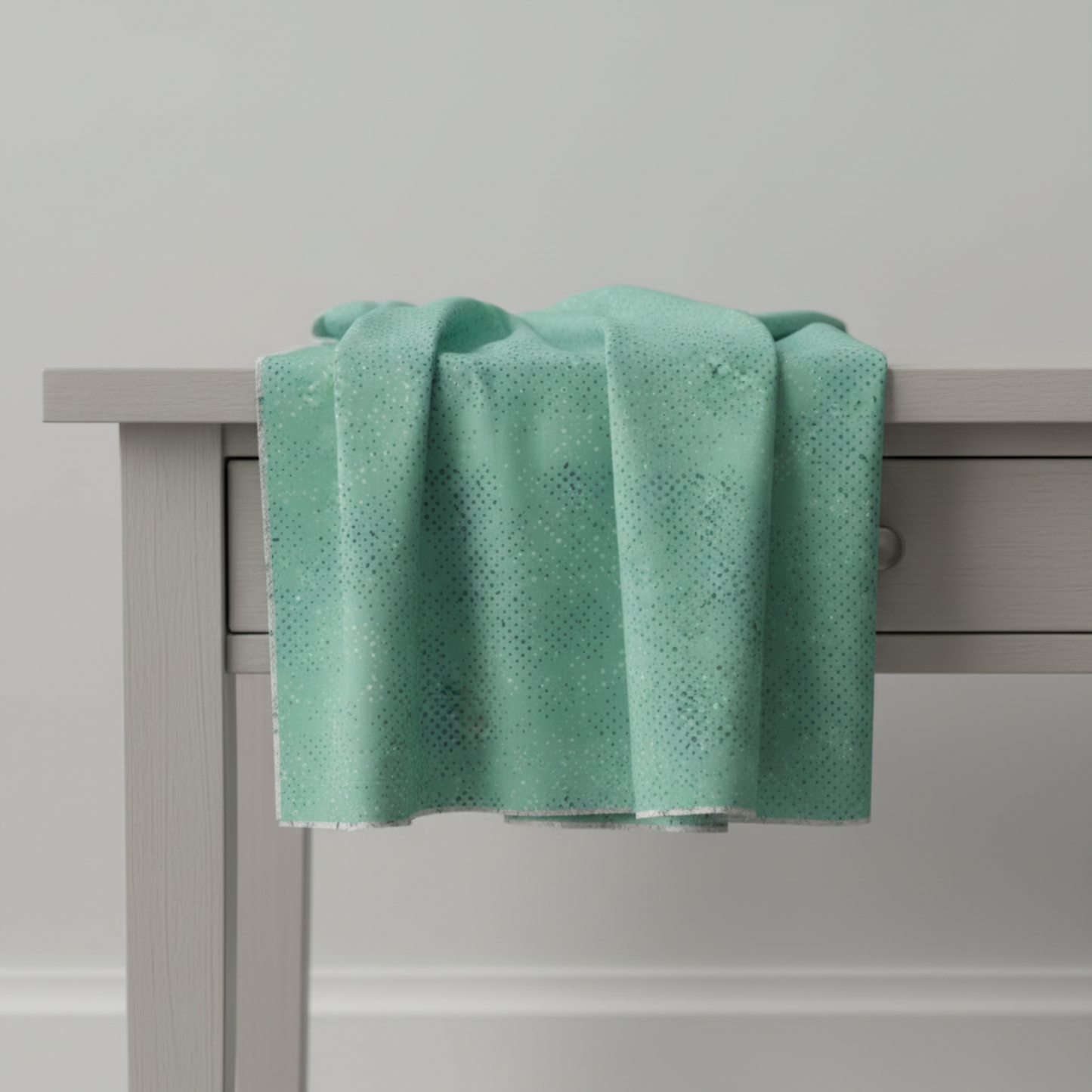 Spotted Chill-Aqua fabric by Zen Chic for Moda Fabrics draped over a table in a modern quilting studio — soft aqua-teal scattered dot texture quilting cotton. Available at IraRobi Quilts.