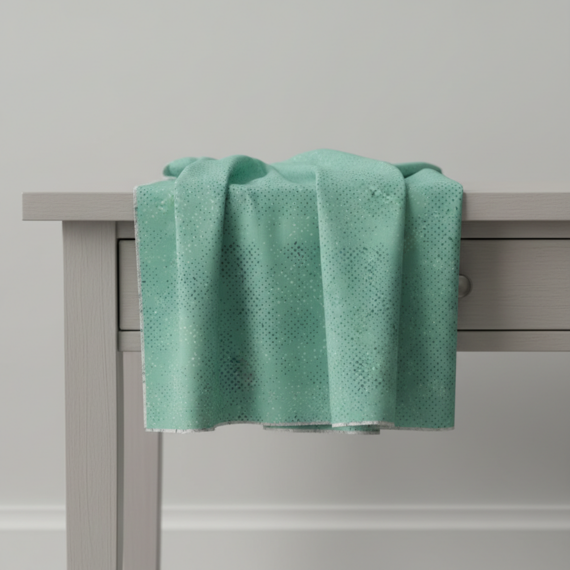 Spotted Chill-Aqua fabric by Zen Chic for Moda Fabrics draped over a table in a modern quilting studio — soft aqua-teal scattered dot texture quilting cotton. Available at IraRobi Quilts.
