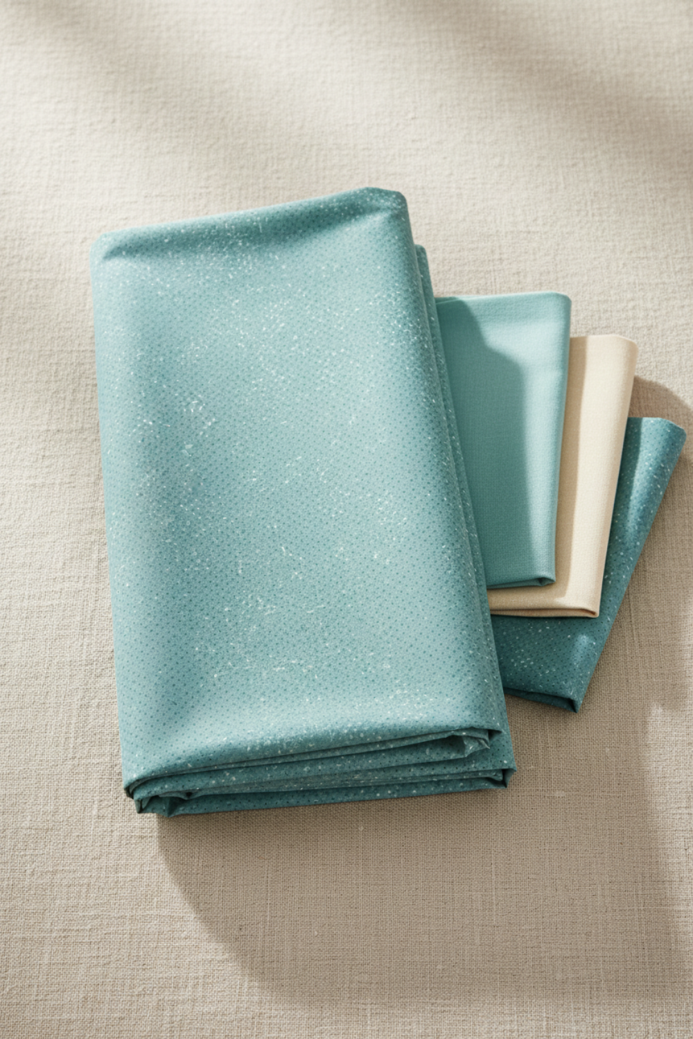 Spotted Dusty Teal fabric by Zen Chic for Moda Fabrics draped and folded on a warm linen surface with coordinating teal, cream, and aqua fabrics – medium teal-blue tonal speckled near-solid blender, perfect for quilt backgrounds, sashing, and borders, 100% cotton
