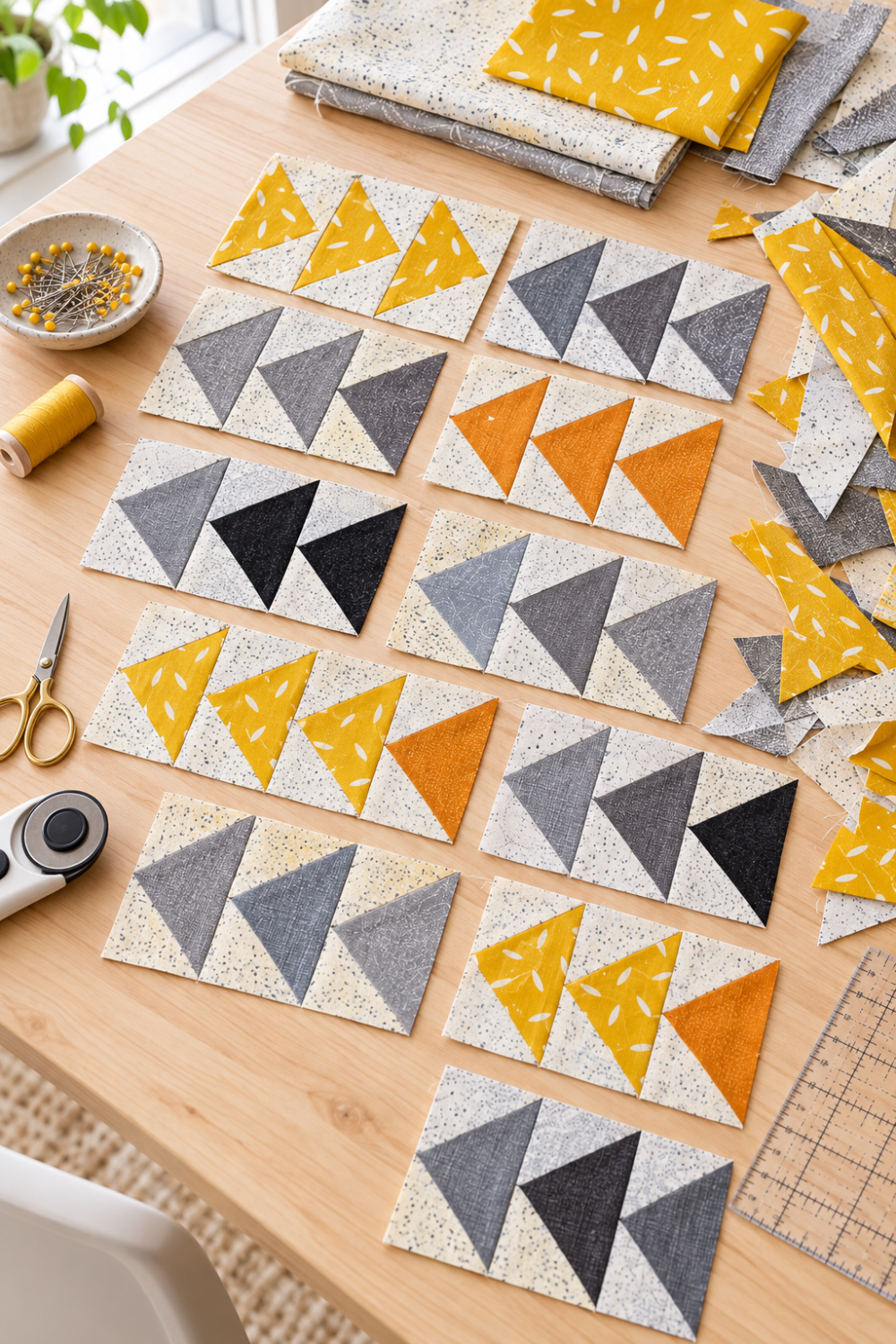 Flying geese blocks in progress for the Spotted Geese quilt, featuring Filigree Rice Saffron fabric by Zen Chic for Moda Fabrics with gray and cream coordinating fabrics, scraps, and sewing tools on a wooden table. Quilts shown for inspiration feature the Spotted Geese Quilt Pattern by Zen Chic — all available at IraRobi Quilts.