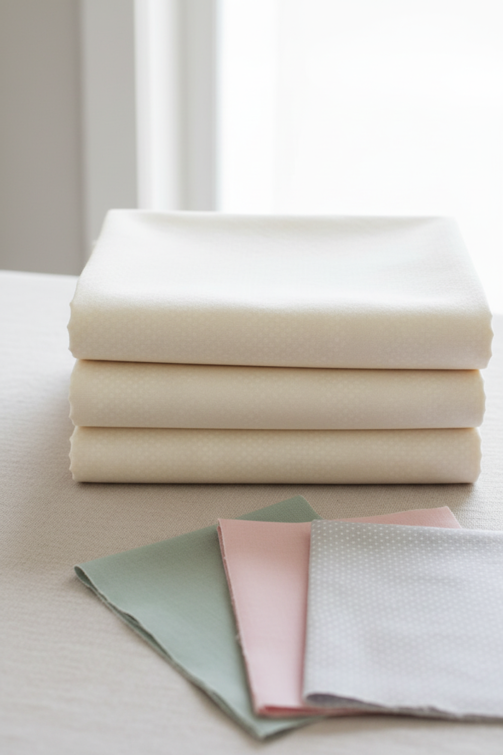 Spotted Ivory fabric by Zen Chic for Moda Fabrics folded on a linen surface with coordinating fabric cuts – soft warm ivory near-solid blender perfect for quilt backgrounds and modern quilts
