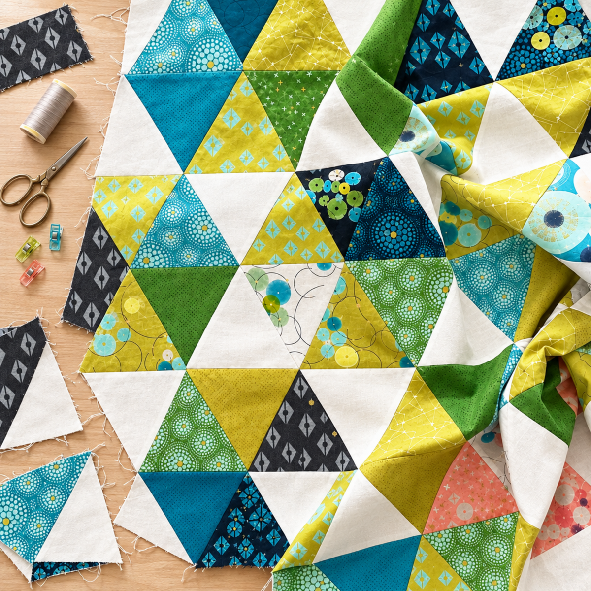 Unfinished triangle quilt on a sewing table in teal, green, yellow, and cream, with Dance in Paris Lanterns Metallic Charcoal fabric in several triangles and scraps nearby. The Spring in Paris quilt design by Zen Chic is shown for inspiration; the pattern is not sold at IraRobi Quilts.