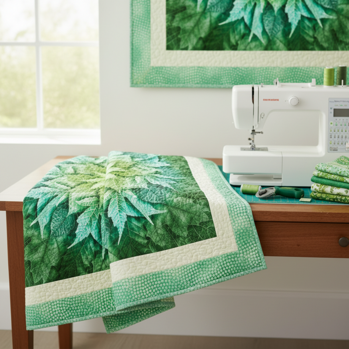 Dream Big Leaf Mint Quilt Panel finished with an Impressions Mint Dots fabric border on a sewing studio cutting table; both fabrics available at IraRobi Quilts.
