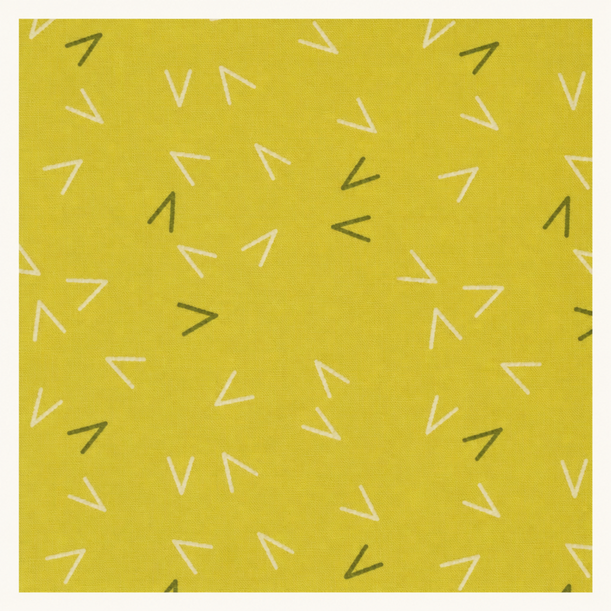 Olive You Arrows Maize Fabric by Zen Chic for Moda Fabrics, showing cream and olive-green arrows on maize yellow within a white border.