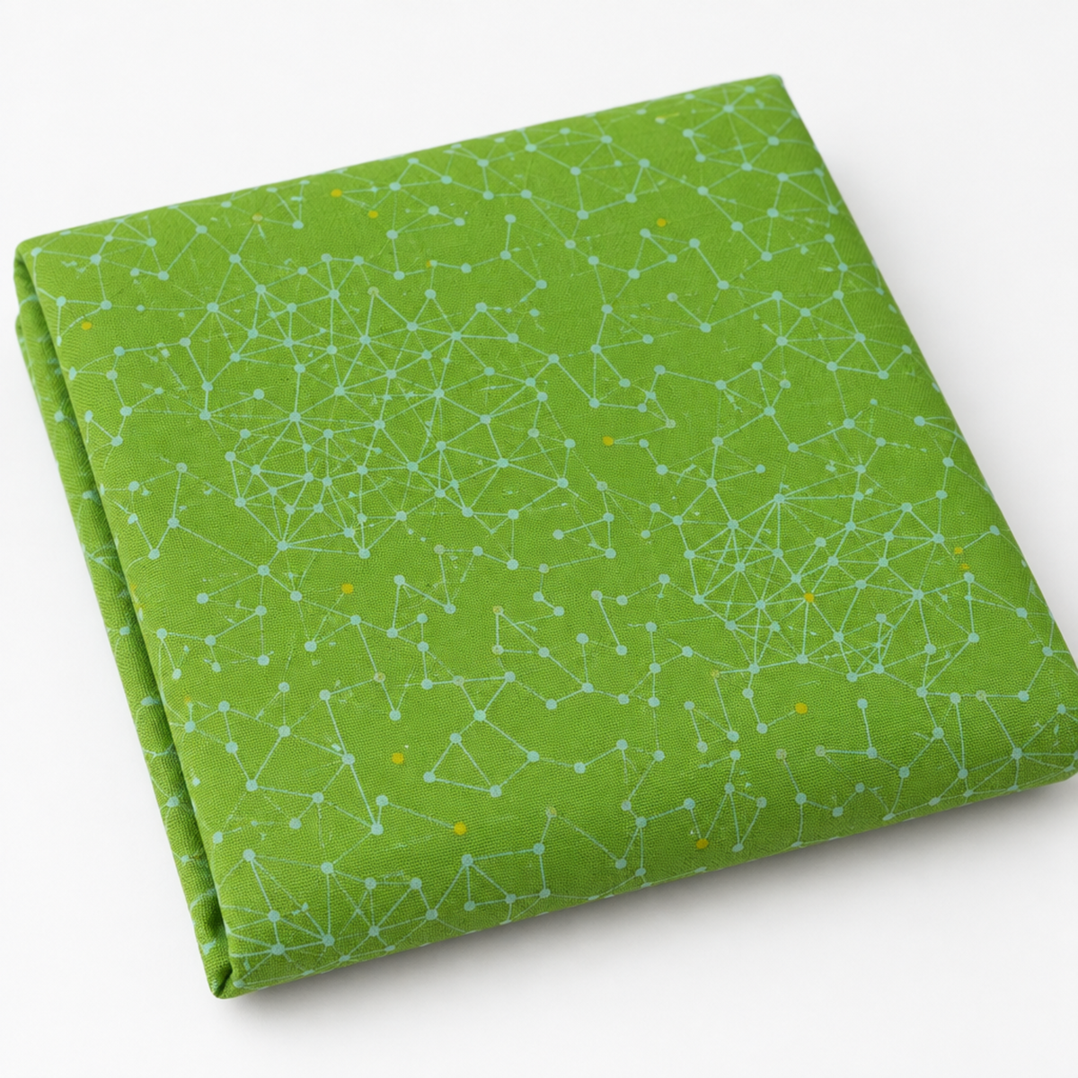 Olive You Net Fresh Grass Fabric by Zen Chic for Moda Fabrics, neatly folded on a white background, showing pale connected-dot lines and yellow accents.