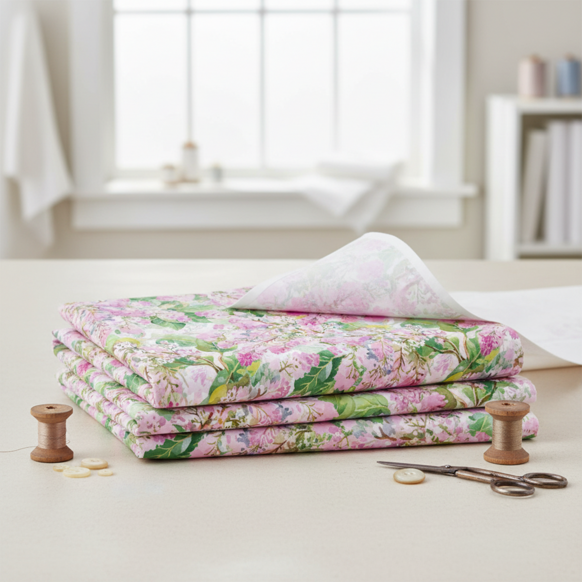 Folded Decoupage Pink Lilac 3-yard cut quilting fabric on a sewing table with thread spools, buttons, and fabric scissors.
