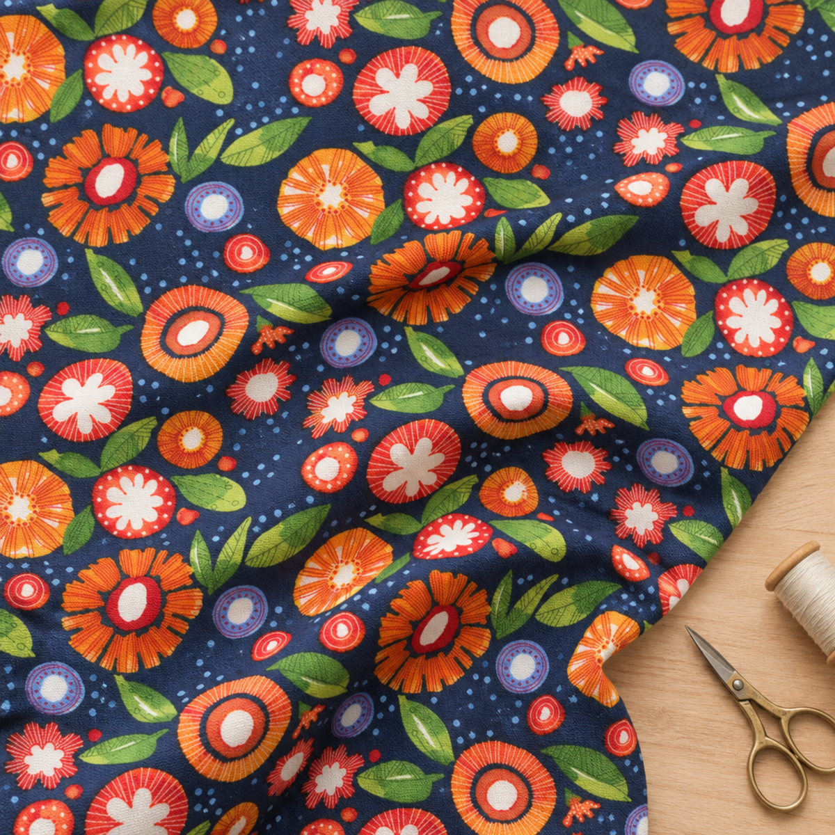 Superbloom Posy Party Indigo fabric by Robin Pickens for Moda Fabrics, draped on a wooden table beside gold-tone scissors and cream thread. ⠋