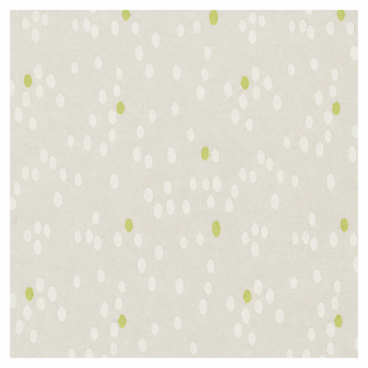Olive You Dots Fog Fabric by Zen Chic for Moda Fabrics, showing white dots and lime-green accents on pale fog gray within a white border.