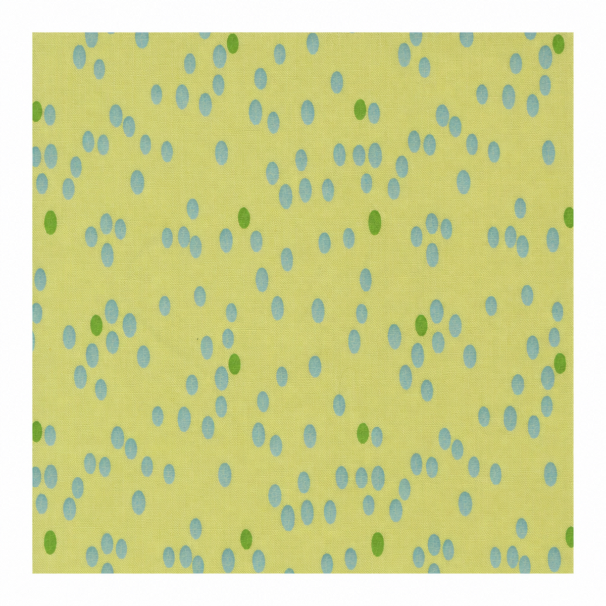 Olive You Dots Light Lime Fabric by Zen Chic for Moda Fabrics, with aqua dots and green accents on light lime within a white border.