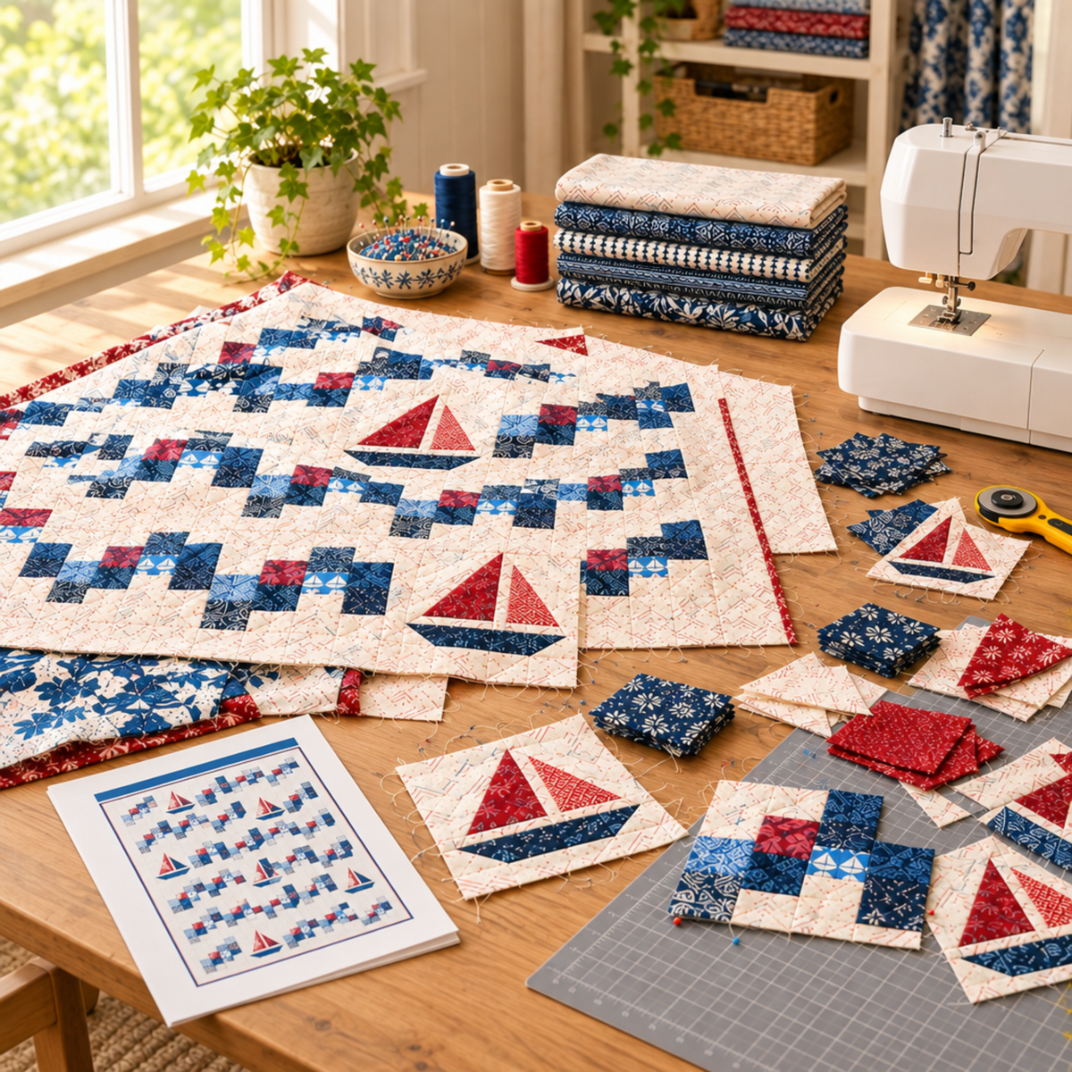 Breezeway fabrics arranged beside an unfinished Sailing School quilt project, sewing machine, and quilting tools. Quilts shown for inspiration feature the Sailing School by Joanne Kerton of Canuck Quilter Designs — all available at IraRobi Quilts.s photo