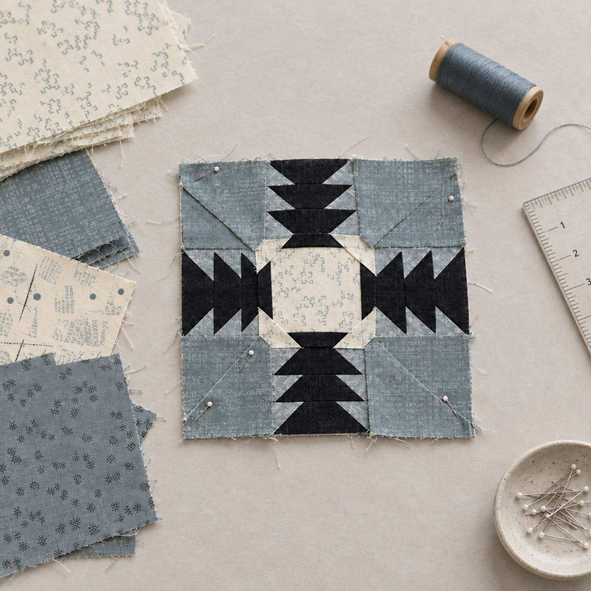 Enfold-inspired quilt block in progress on a sewing table, with Modern Background Even More Paper fabric remnants, pins, thread, and a ruler nearby. Quilts shown for inspiration feature the Enfold Quilt Pattern by Zen Chic — all available at IraRobi Quilts.