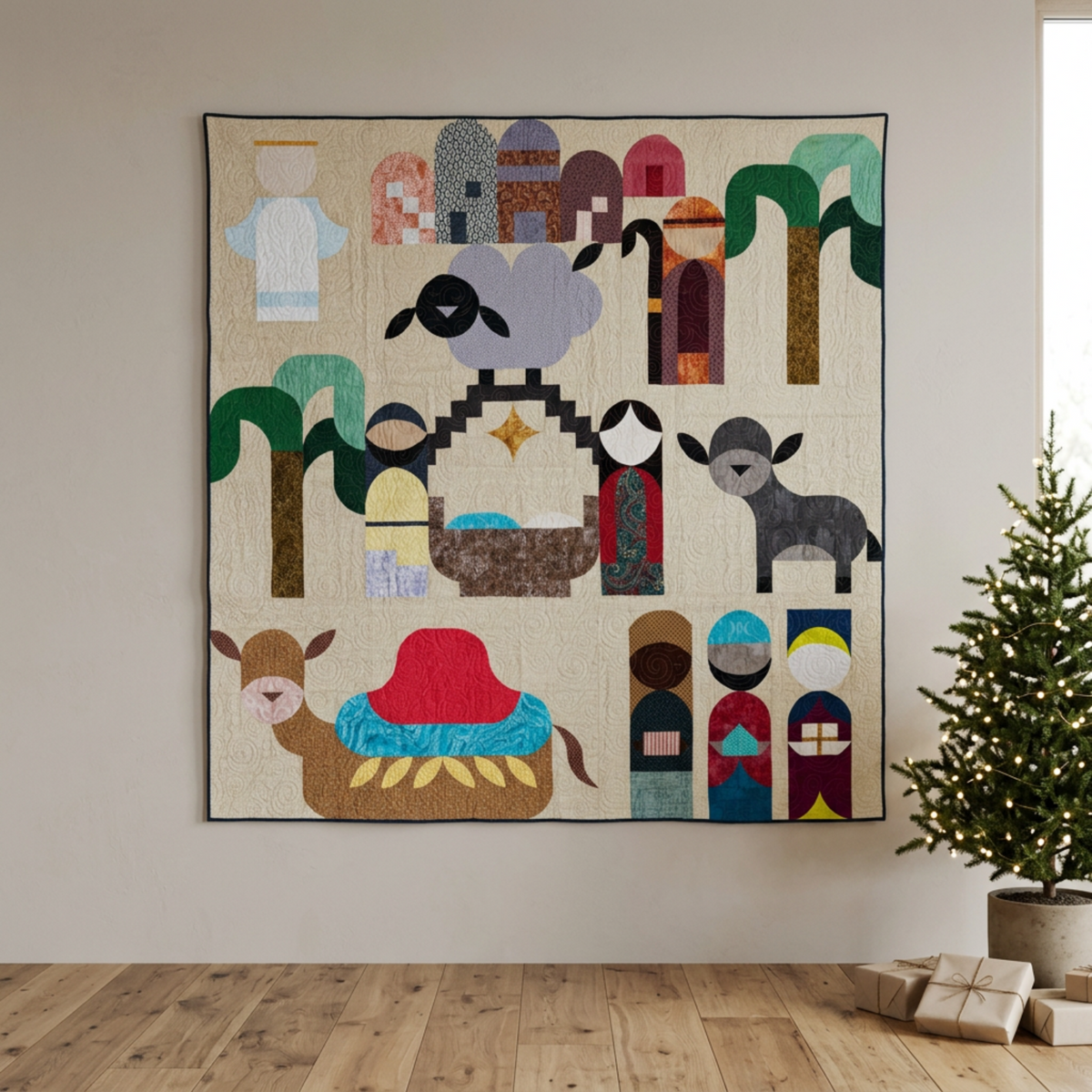 Starry Night nativity quilt displayed above a cream sofa beside a small illuminated Christmas tree.