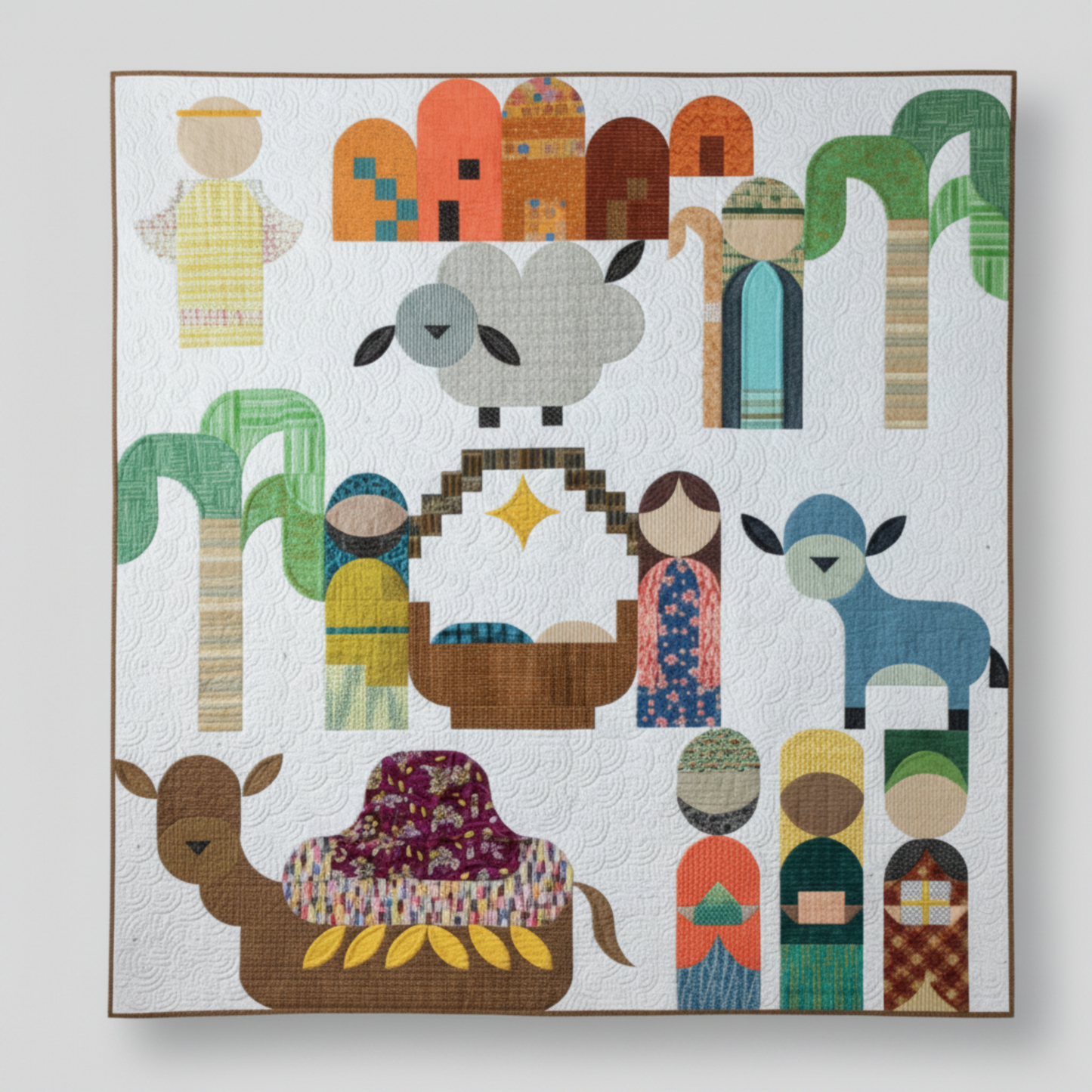 Starry Night quilt by Elizabeth Hartman made with Interwoven Bark Fabric by Jason Yenter for In The Beginning Fabrics – modern geometric nativity scene with camel and manger in rich dark brown crosshatch on white stipple-quilted background
