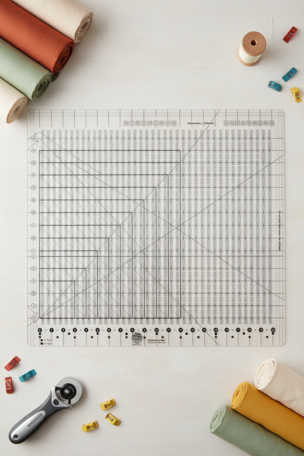 Creative Grids Stripology XL Ruler — a large clear acrylic quilting ruler with grid markings, cutting slots, and diagonal angle lines — centered on a neutral surface with fabric strips in rust, mustard, cream, and sage, a rotary cutter, fabric clips, and a thread spool arranged around the edges