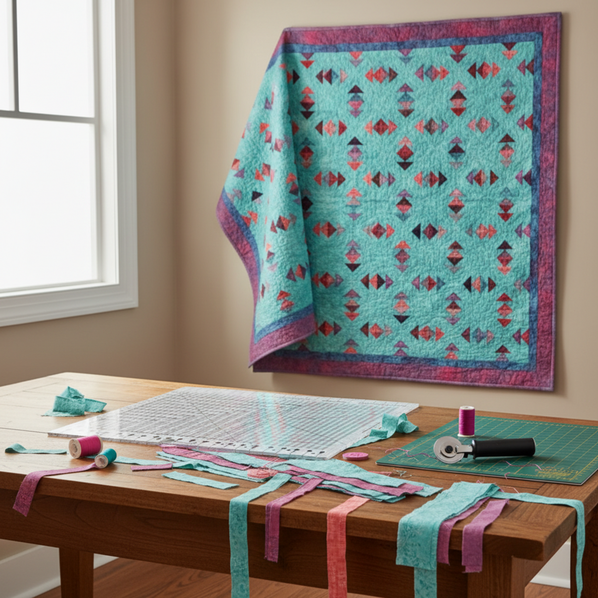 Creative Grids Stripology XL Ruler on a wooden sewing table with teal, coral, and plum fabric strip remnants and thread bobbins, with a finished teal flying geese and diamond quilt hung on the wall in a bright sewing room. Quilts shown for inspiration feature the Geese Over Galveston Bay Quilt Pattern by The Quilt Rambler — available at IraRobi Quilts.