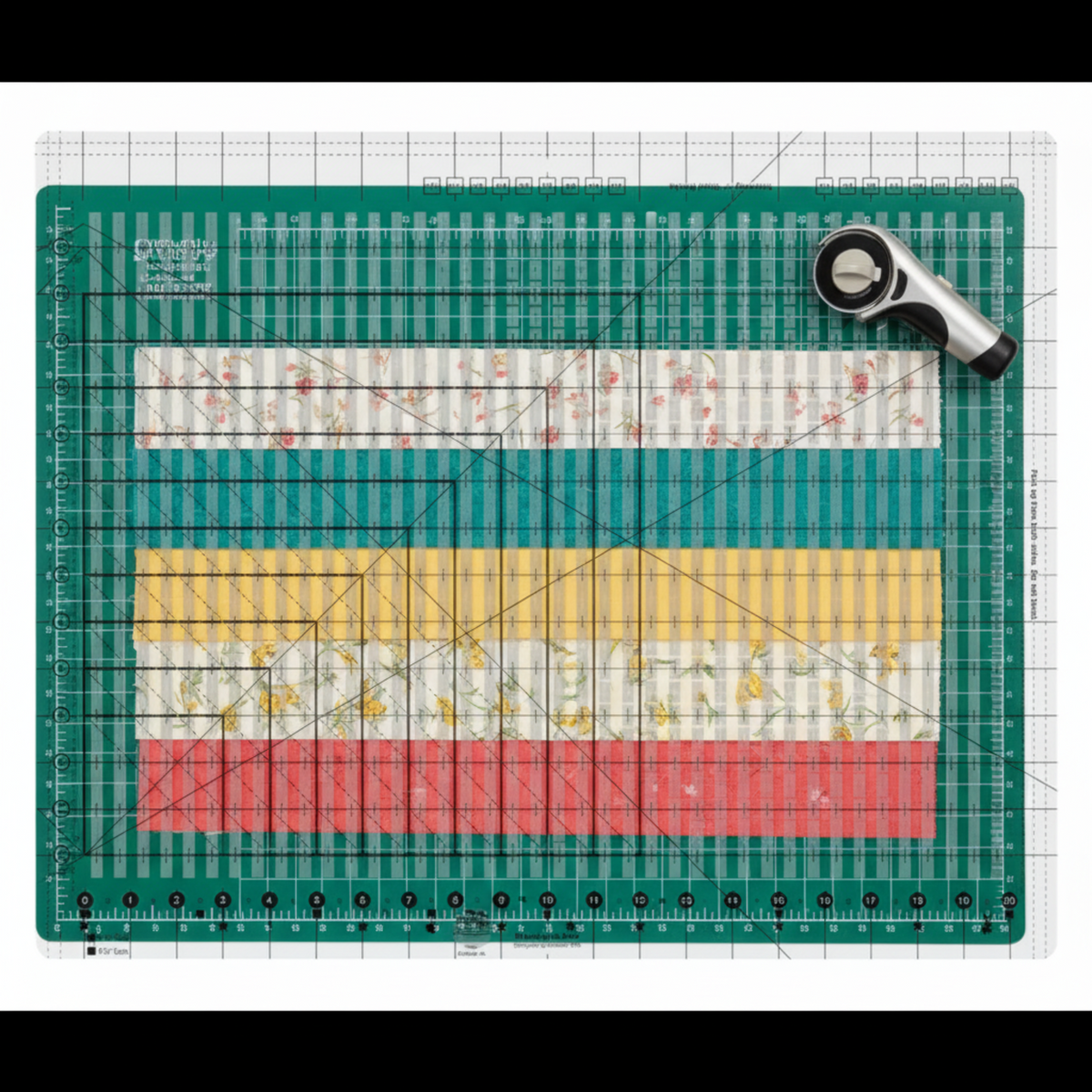 Creative Grids Stripology XL Ruler laid flat on a green self-healing cutting mat over alternating coral, teal, yellow, and cream quilting fabric strips visible through the clear acrylic, with a rotary cutter at the top right corner