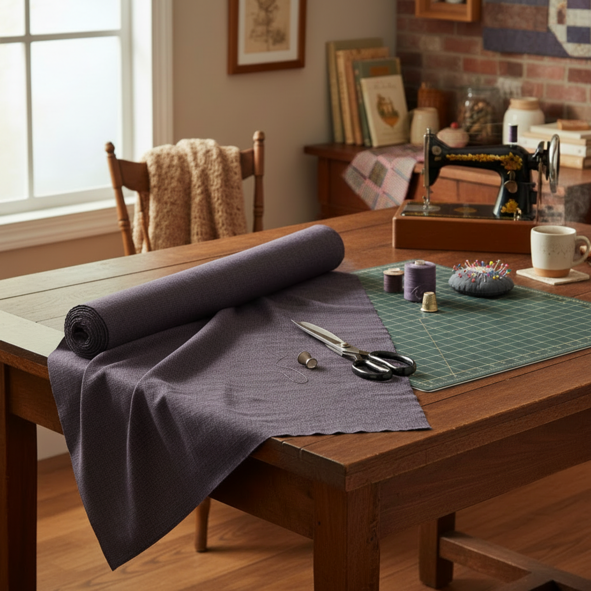 Thatched Shadow deep purple fabric by Robin Pickens for Moda Fabrics – styled in a sewing room with scissors, thread, and a vintage sewing machine. Coordinating fabrics and quilt patterns are available at IraRobi Quilts.