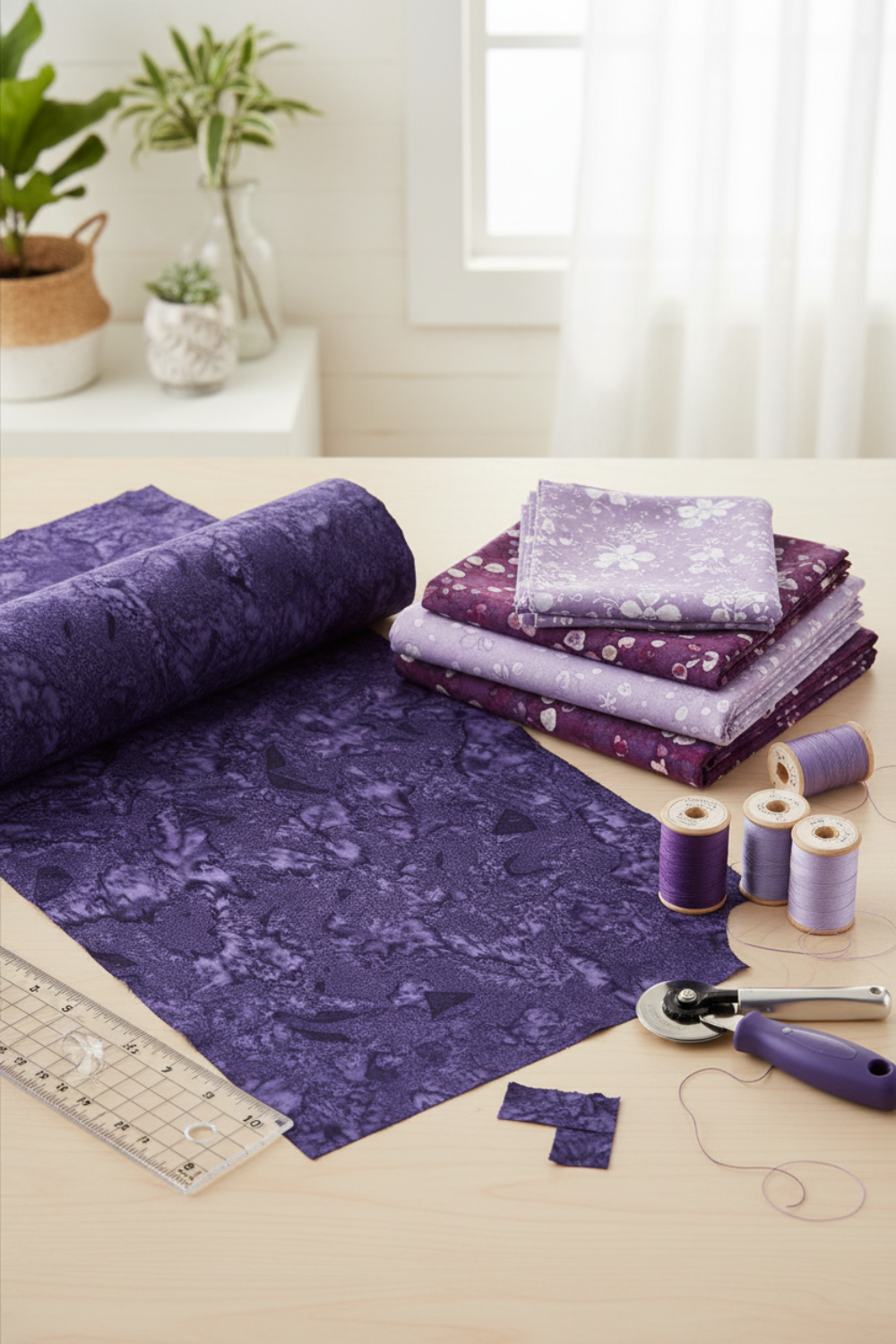 Dark purple hand-dyed batik quilting fabric styled with coordinating purple fabrics and quilting tools – Expressions Batiks by Riley Blake Designs at IraRobi Quilts