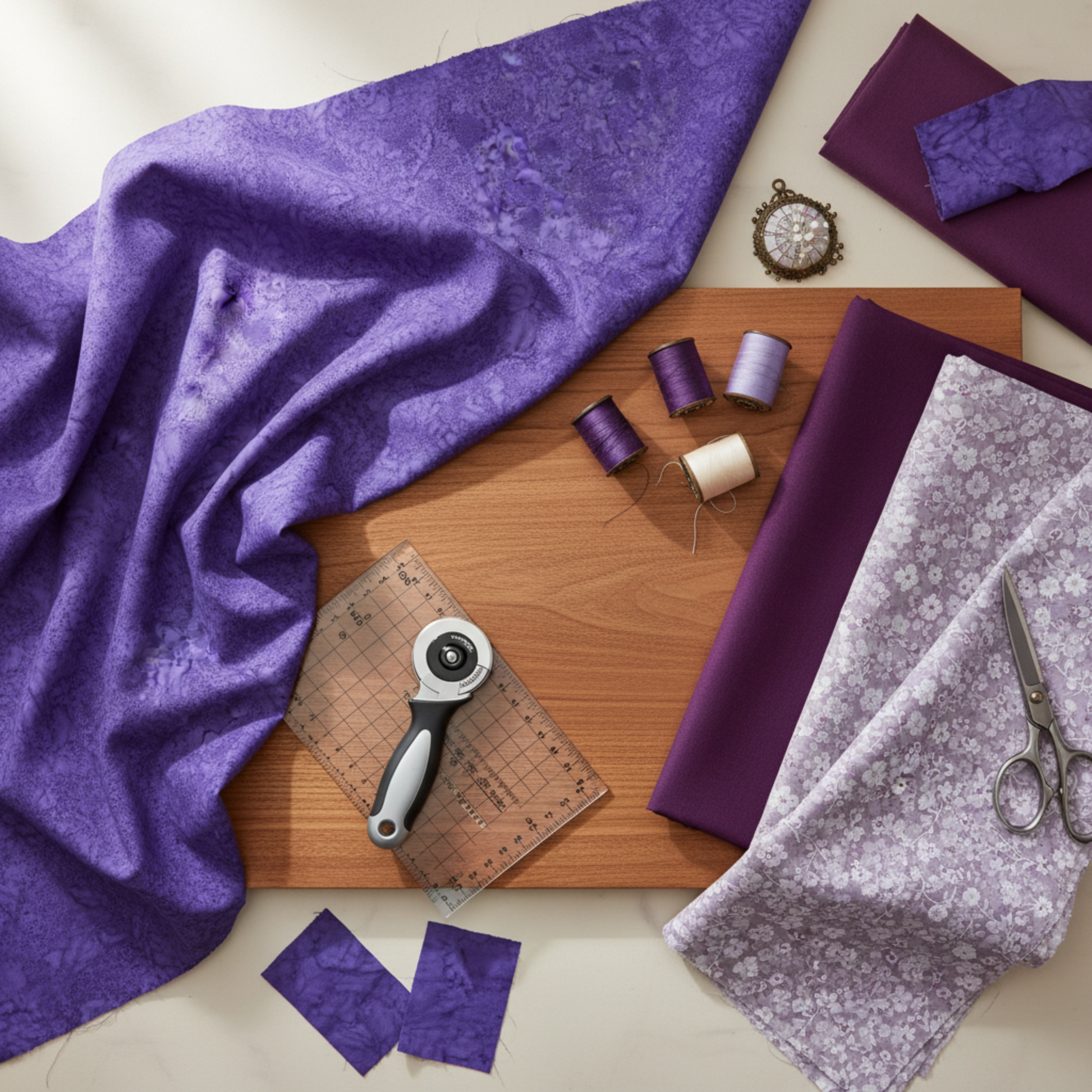 Violet-purple hand-dyed batik quilting fabric styled with coordinating purple fabrics and quilting tools in a cozy sewing room – Expressions Batiks Hand-Dyes Purple II by Riley Blake Designs at IraRobi Quilts