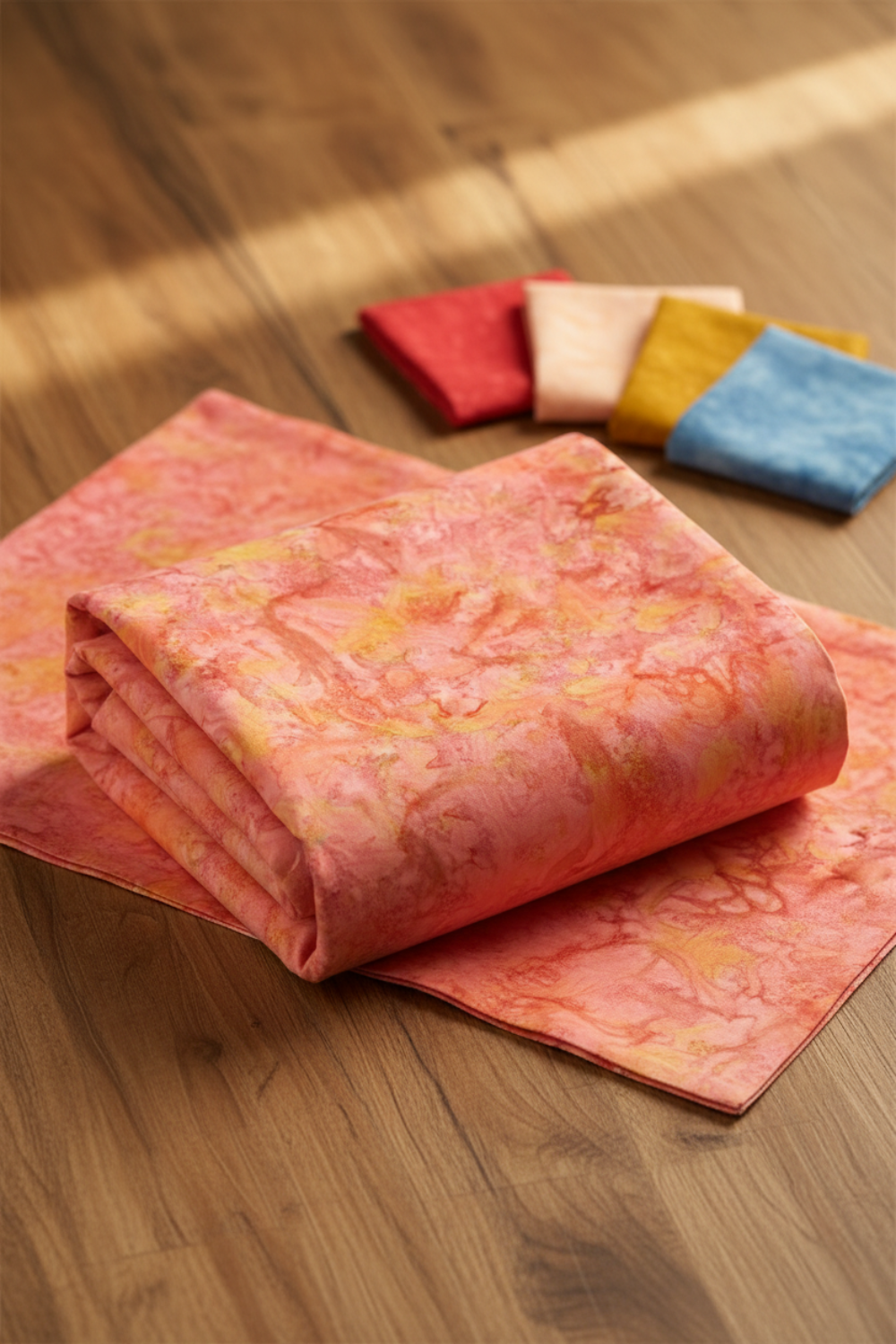 Expressions Batiks Hand-Dyes Sunset fabric by Riley Blake Designs draped on a warm wood surface with coordinating tomato red, soft peach-cream, curry yellow, and periwinkle blue tonal batik fabric pieces nearby – soft coral-pink hand-dyed batik with warm golden-orange splashes, soft peach tones, and hints of deeper rose, a luminous warm focal blender perfect for warm-toned and floral quilts, 100% cotton batik