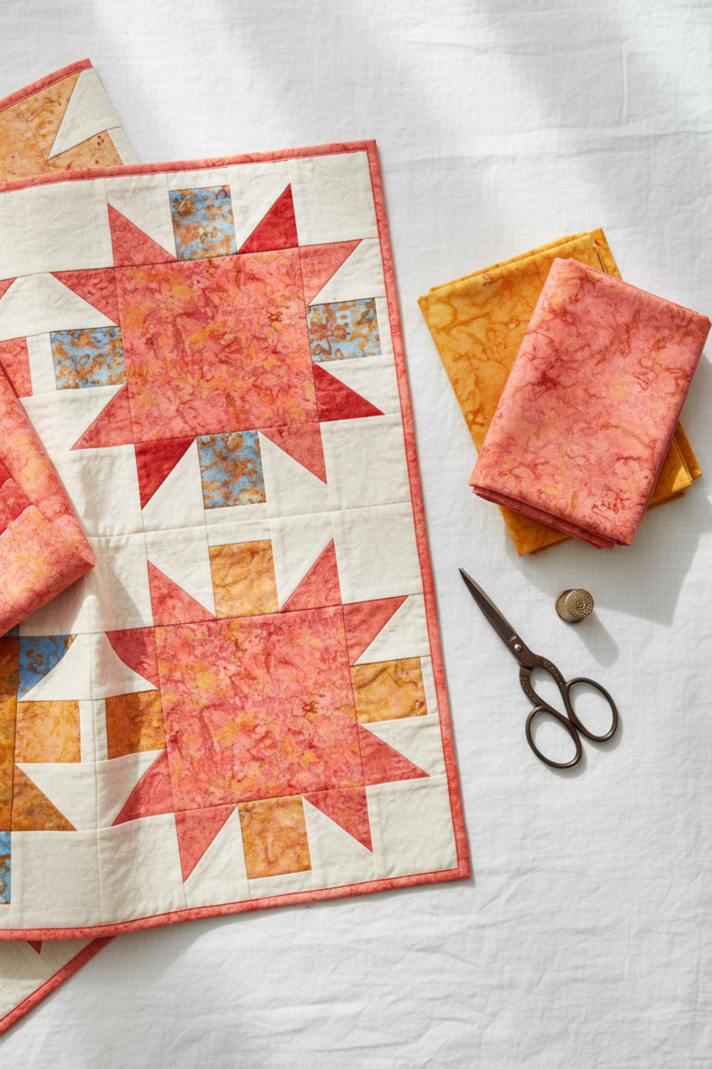 Warm-toned floral quilt project flat lay featuring Expressions Batiks Hand-Dyes Sunset fabric by Riley Blake Designs as the focal fabric – soft coral-pink hand-dyed batik with warm golden-orange splashes and peach tones in pieced blocks with coordinating tomato red, peach-cream, curry yellow, and periwinkle blue tonal batiks on a soft white linen surface