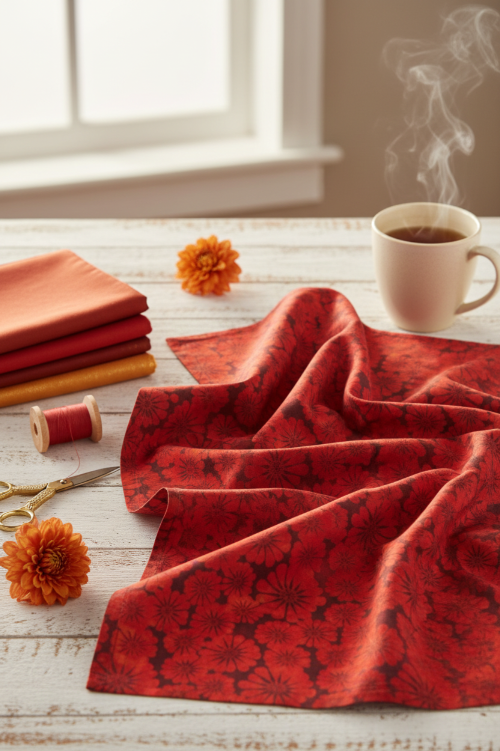 Sunshine Red Daisies 3 Yard Cut quilting cotton by Jason Yenter for In The Beginning Fabrics — loosely draped on a white wooden surface with coordinating warm red, burnt orange, and gold fabric swatches, red thread spool, gold scissors, dried orange dahlias, and a mug of tea in a cozy sewing room. Quilt blocks shown for inspiration. Coordinating fabrics and quilt patterns are available at IraRobi Quilts.