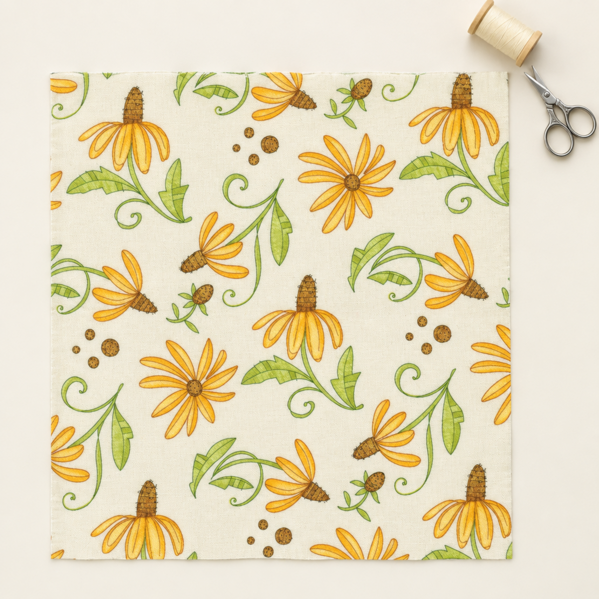 Superbloom Daisyish Cream Fabric by Robin Pickens for Moda Fabrics, laid flat on an ivory background beside cream thread and silver embroidery scissors.