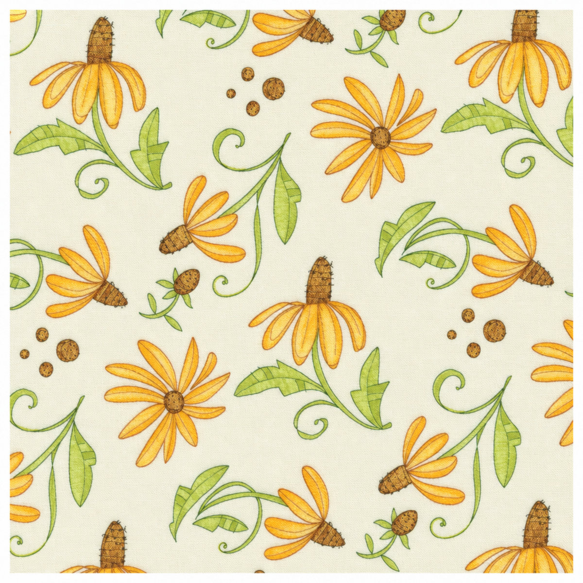 Superbloom Daisyish Cream Fabric by Robin Pickens for Moda Fabrics, showing golden-yellow flowers and green leaves on cream within a narrow white border.