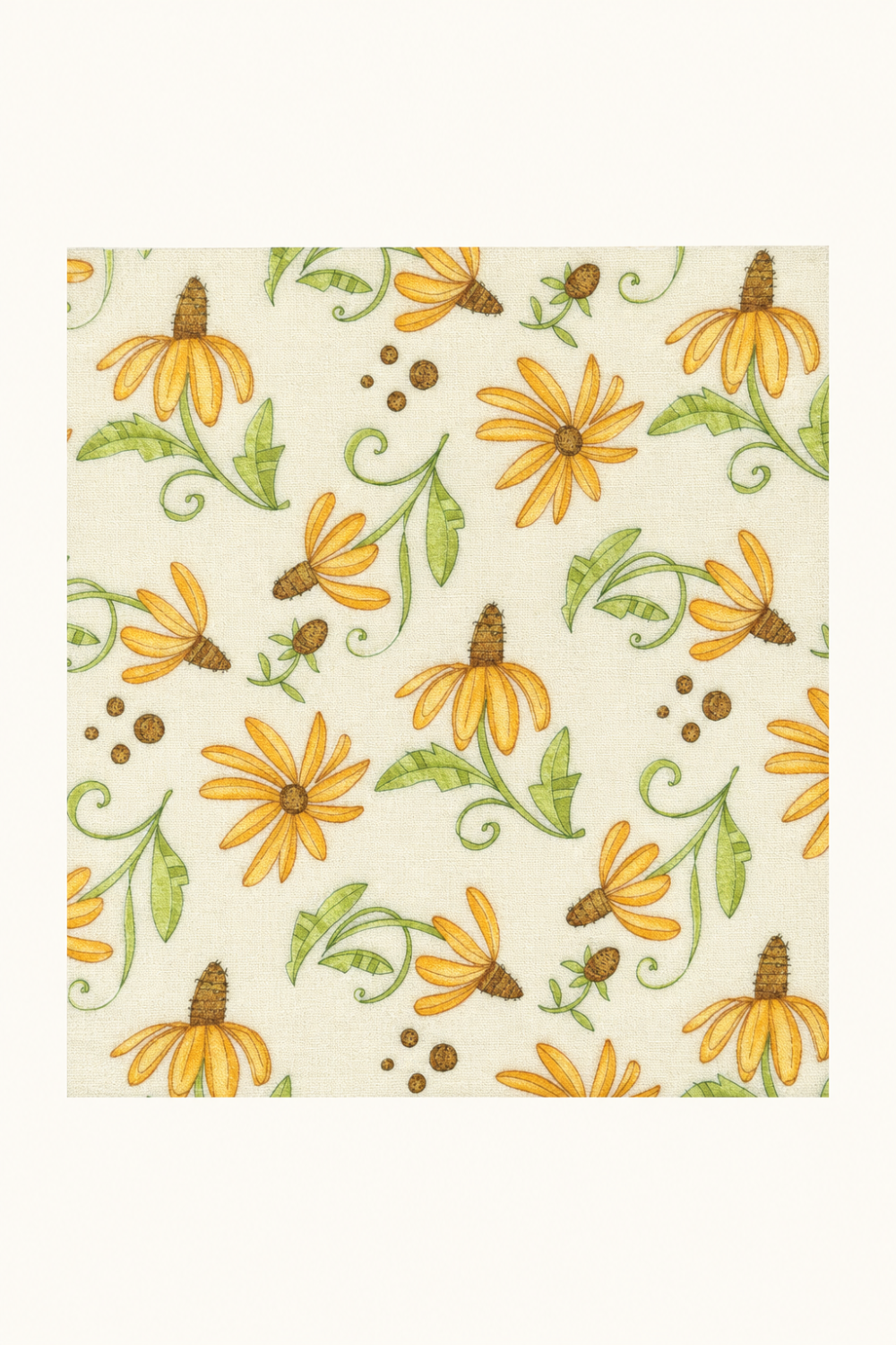 Superbloom Daisyish Cream Fabric by Robin Pickens for Moda Fabrics, showing golden-yellow flowers and green leaves on cream, centered on an ivory background.