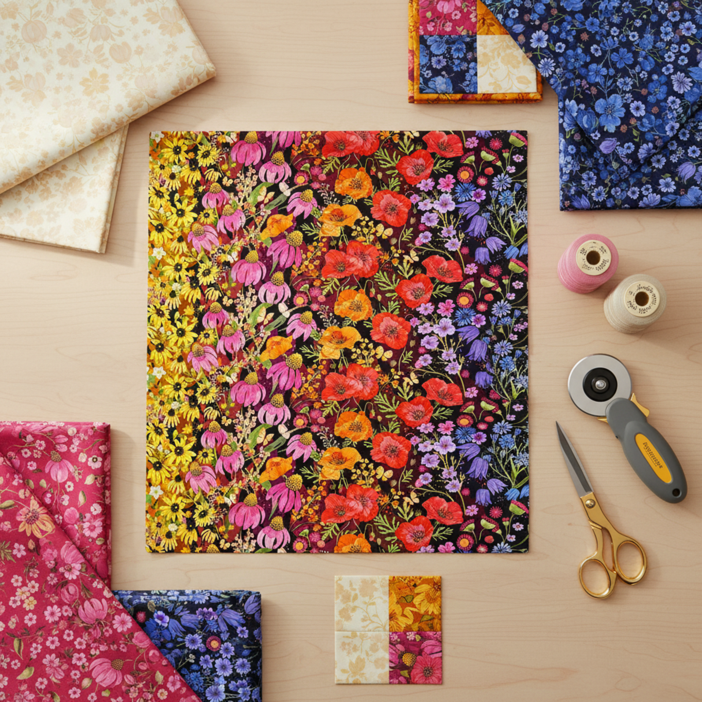 Styled sewing room flat lay with Superbloom Jewel ombré floral quilting cotton by Robin Pickens for Moda Fabrics surrounded by coordinating Superbloom prints and quilting notions – available at IraRobi Quilts