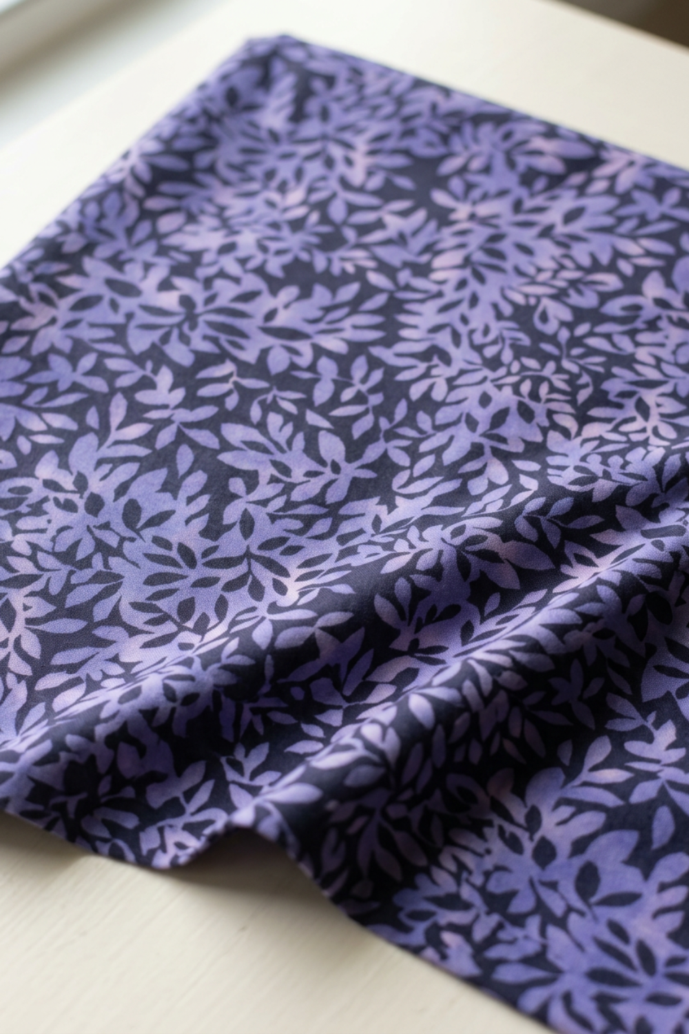 Superbloom Leafy Indigo fabric by Robin Pickens for Moda Fabrics, softly draped in loose folds on a light tabletop, showing lavender-purple leafy branches on dark indigo cotton.