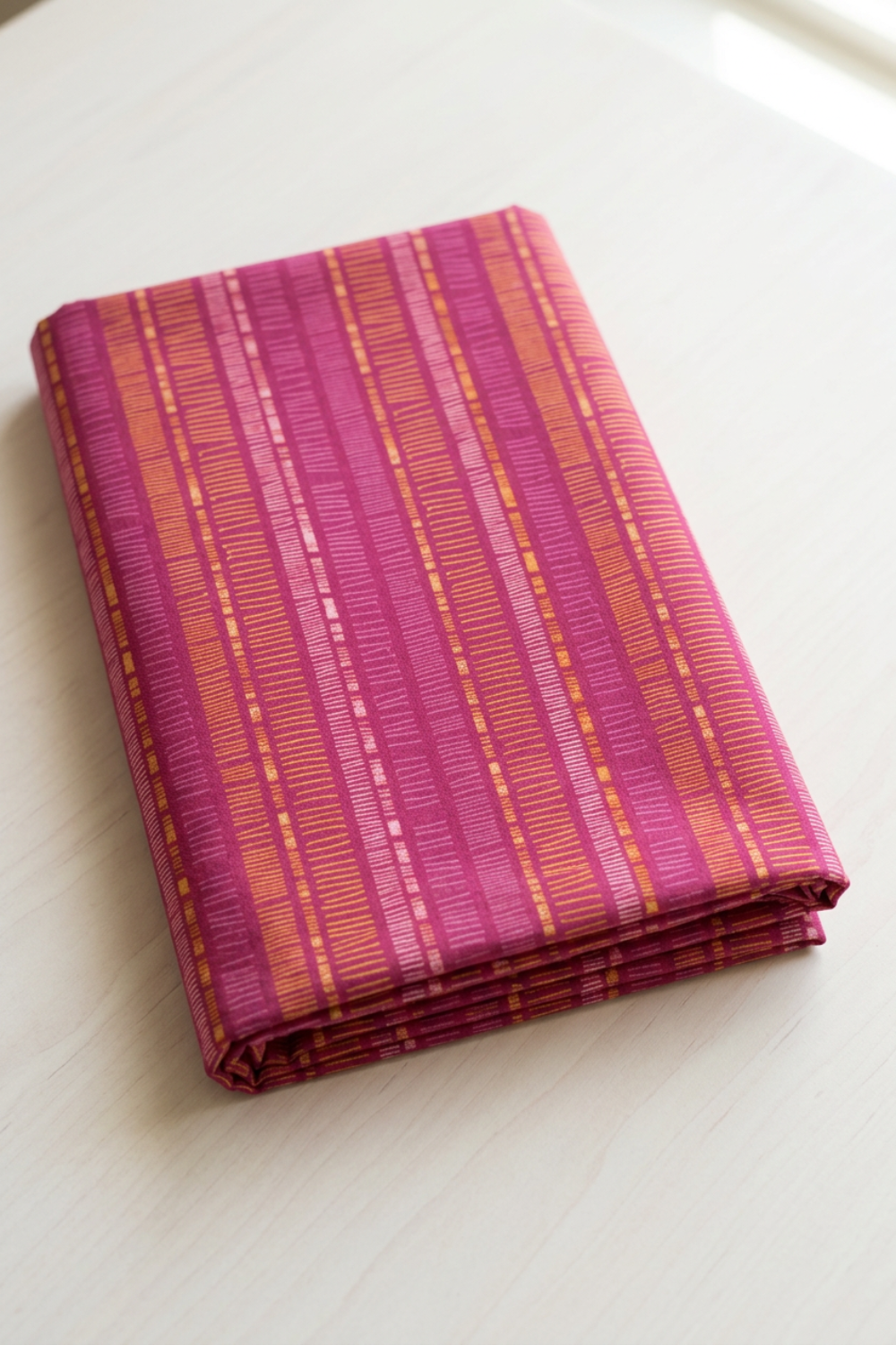 Superbloom Scribble Stripe Orchid fabric by Robin Pickens for Moda Fabrics, neatly folded on a light tabletop with golden-orange and pink stripe bands on orchid-magenta cotton.