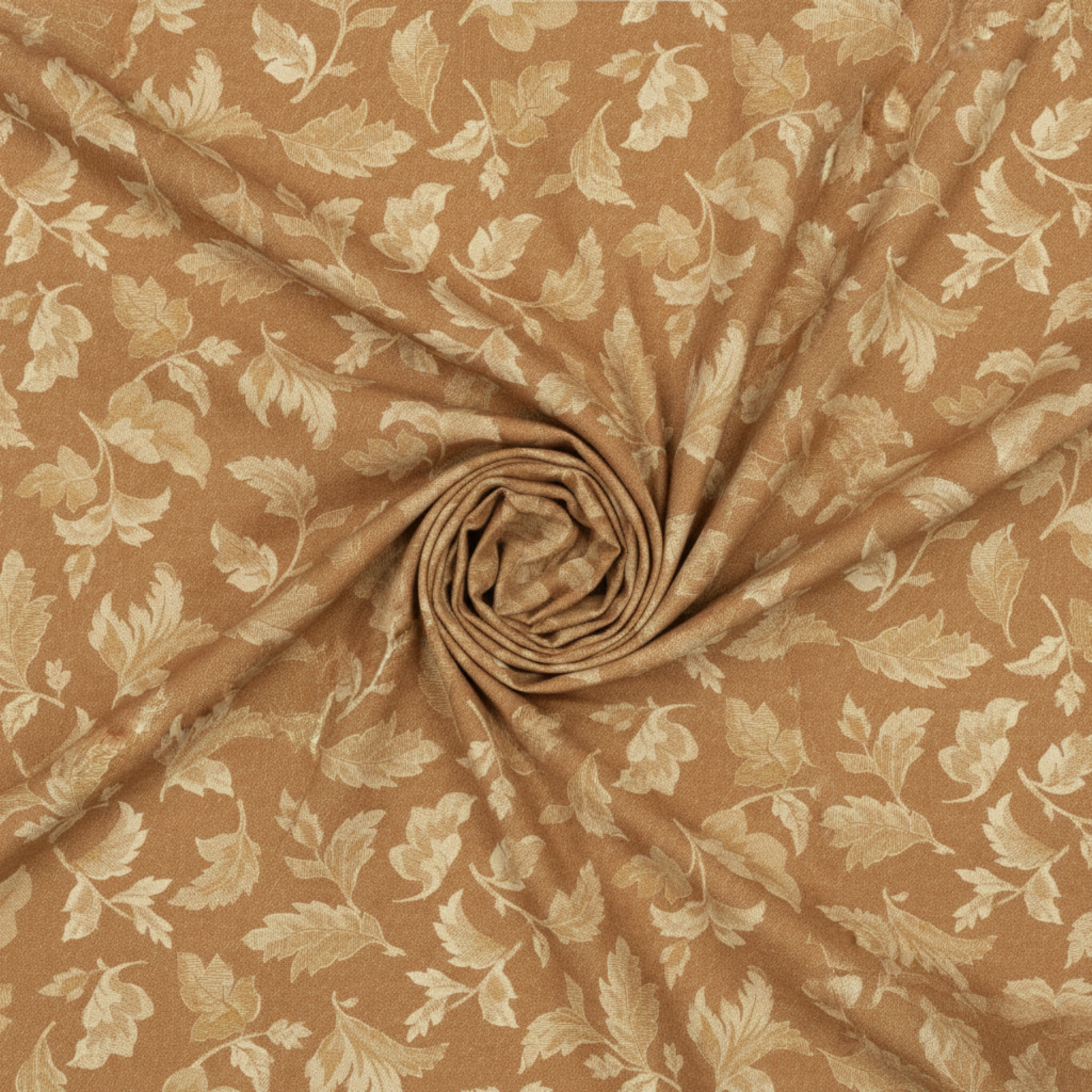 Front Porch Swing Rust quilting cotton by Dolores Smith for Marcus Fabrics — fabric swirled into a spiral pinwheel showing softness and drape, warm rust-amber ground with cream scrolling acanthus leaf motif