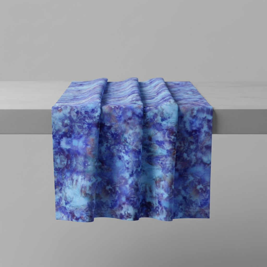 Fire & Ice by Maywood Studio Navy Ice Dye cotton quilting fabric folded and draped over a light grey table edge showing natural folds and texture