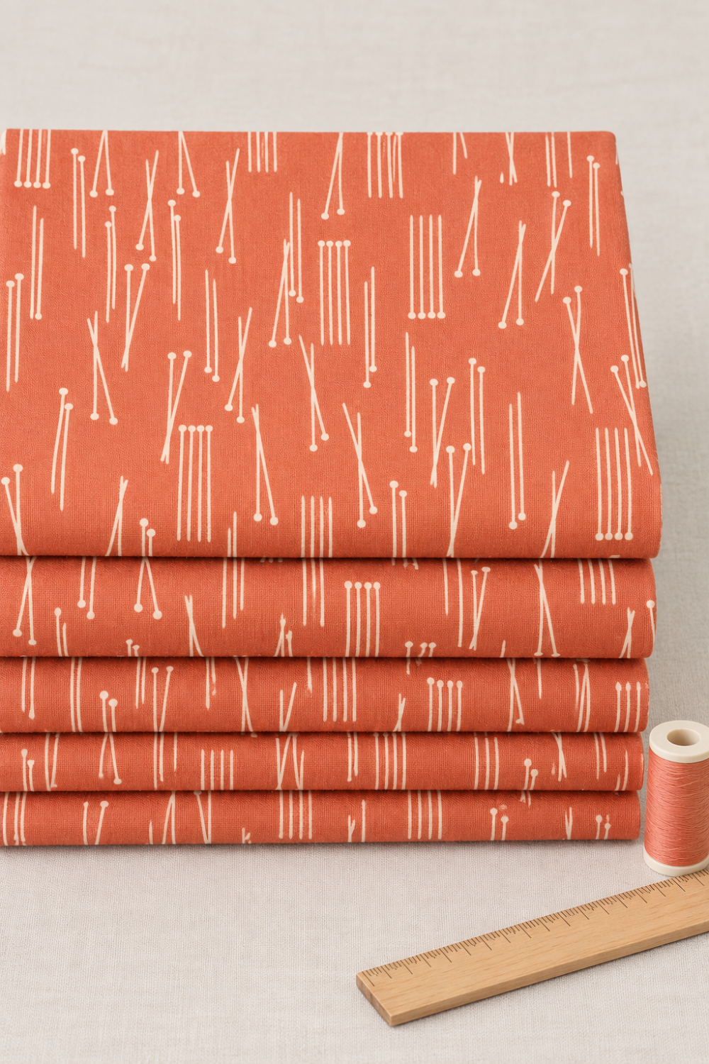 Folded layers of Lazy Afternoon Marmalade fabric on a sewing table, with a ruler and thread beside them.