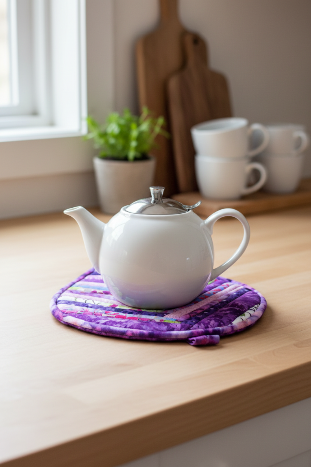 Leaf-Shaped Quilted Hot Pad – Violet Jewel under a white teapot | IraRobi Quilts #quiltedhome #hotpad #handmadegift