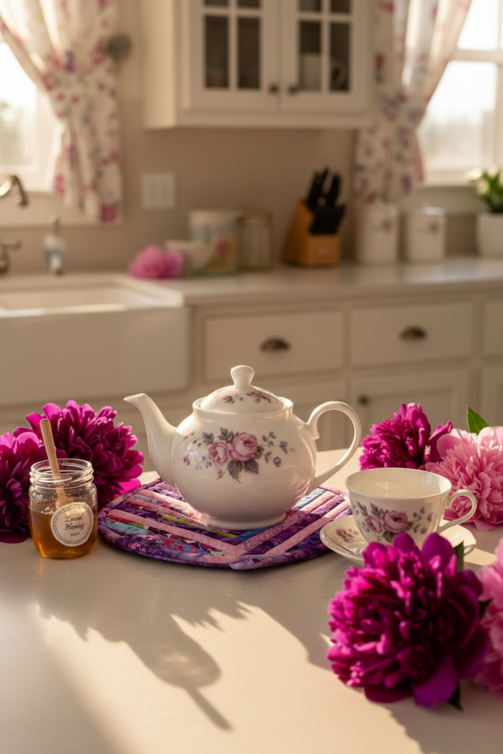 Leaf-Shaped Quilted Hot Pad – Violet Bloom under a white floral teapot with purple peonies | IraRobi Quilts #quiltedhome #cottagekitchen #handmadegift