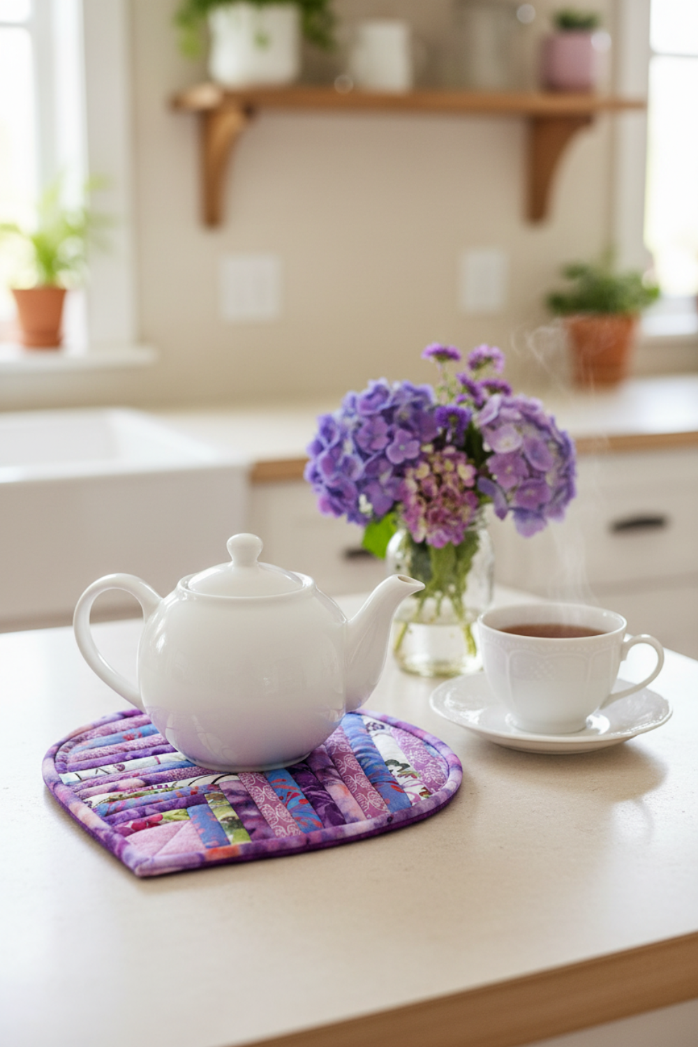 Leaf-Shaped Quilted Hot Pad – Purple Garden under a white teapot with purple flowers | IraRobi Quilts #quiltedhome #cottagekitchen #handmadegift