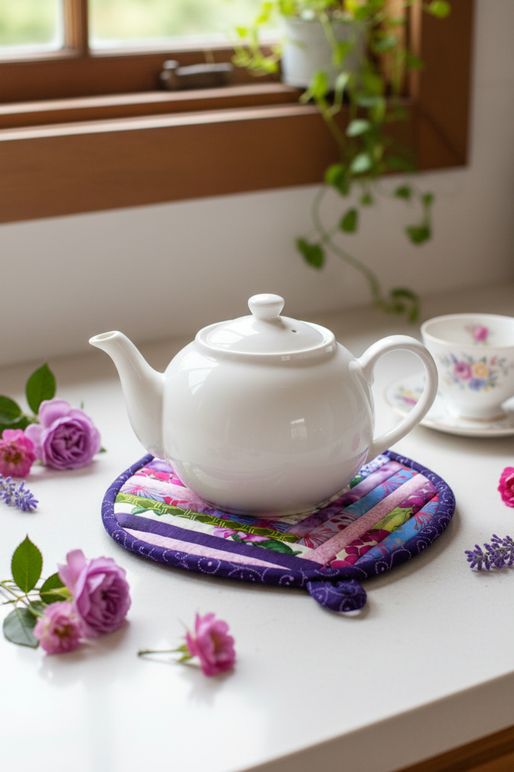 Leaf-Shaped Quilted Hot Pad – Indigo Berry under a white teapot with purple flowers | IraRobi Quilts #quiltedhome #cottagekitchen #handmadegif