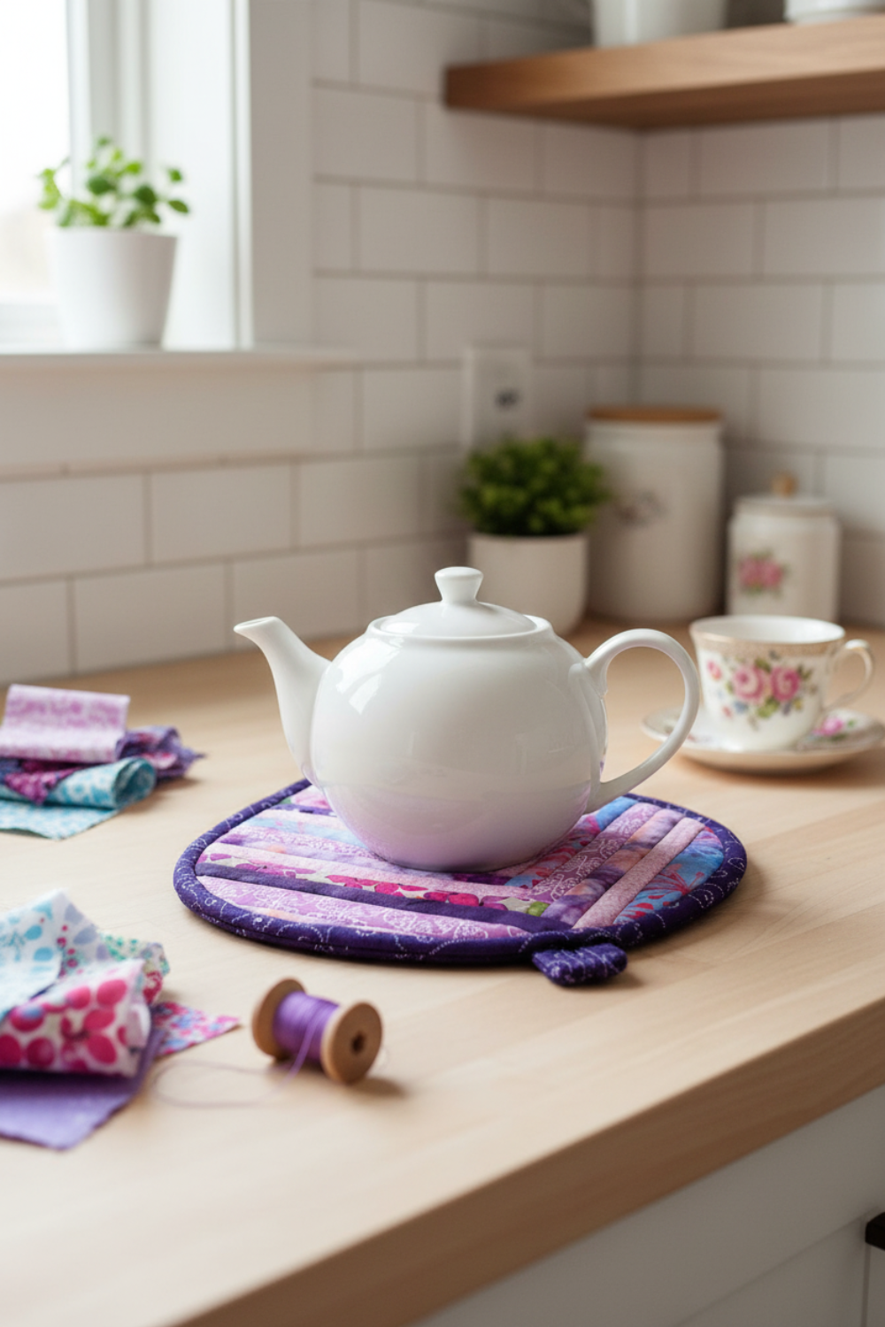 Leaf-Shaped Quilted Hot Pad – Lavender Garden under a white teapot | IraRobi Quilts #quiltedhome #hotpad #handmadegift