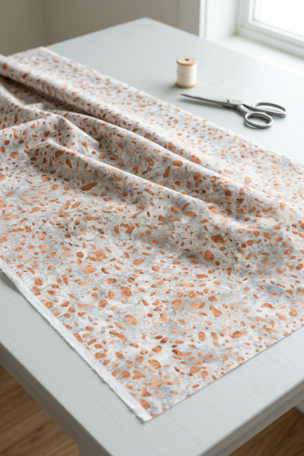 Terrazzo Coastal Path Fabric by Riley Blake Designs draped in soft folds across a light-gray sewing table beside scissors and an ivory thread spool.
