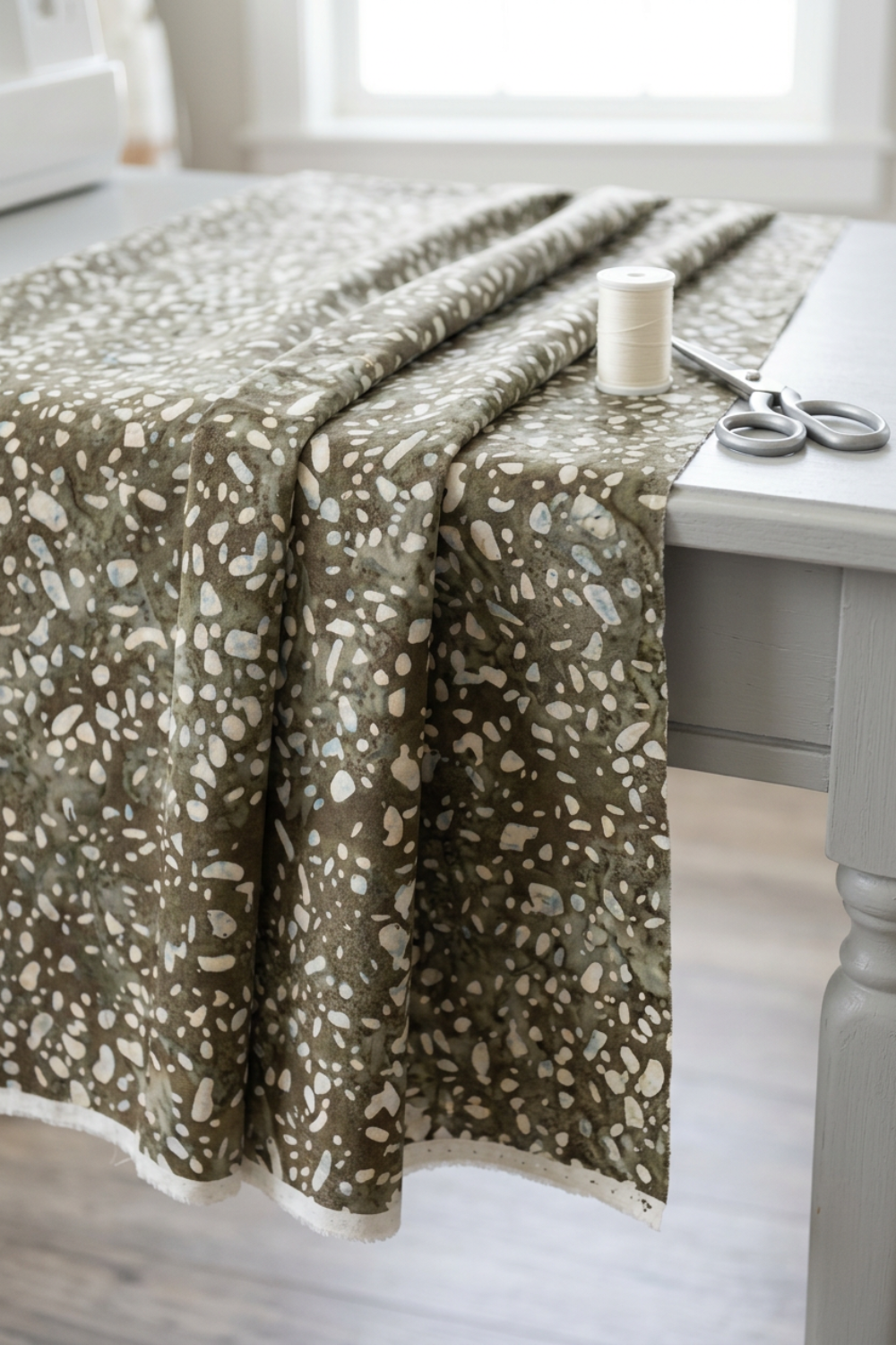 Terrazzo Khaki Fabric by Riley Blake Designs draped over a light-gray sewing table beside scissors and an ivory thread spool.