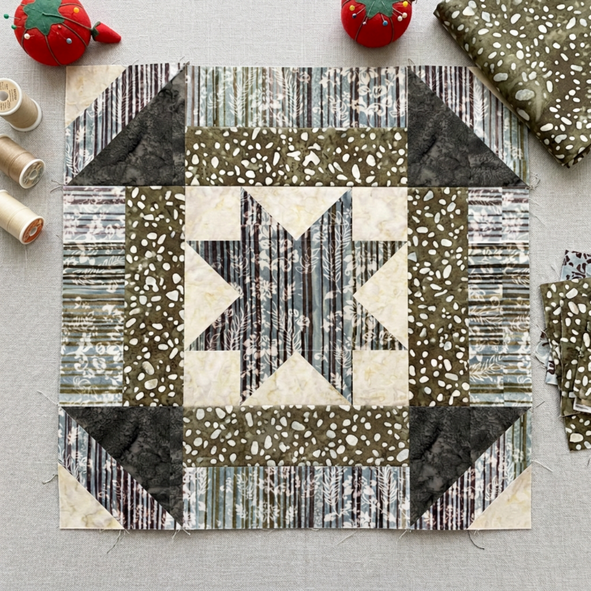 Unfinished striped star quilt block with cream patches and khaki pebble-print accents beside folded Terrazzo Khaki fabric, remnants, thread, and red pincushions. Quilt blocks shown for inspiration. Coordinating fabrics and quilt patterns are available at IraRobi Quilts.