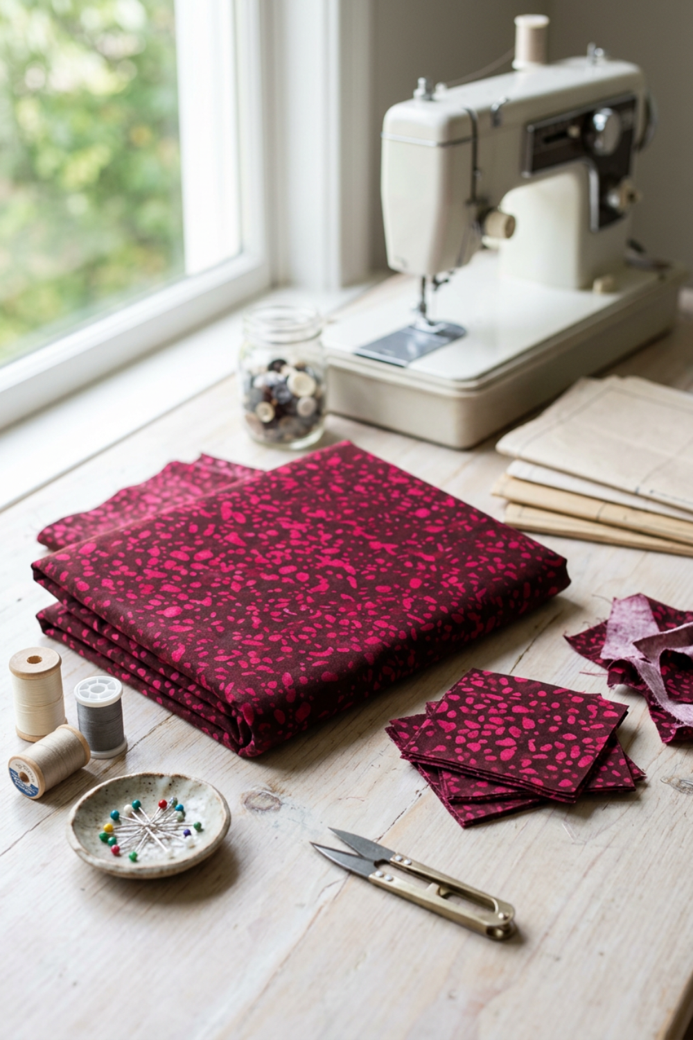 Folded Terrazzo Mahogany batik fabric by Riley Blake Designs on a sunlit sewing table with matching fabric squares and scraps, thread spools, pins, thread snips, and a sewing machine.